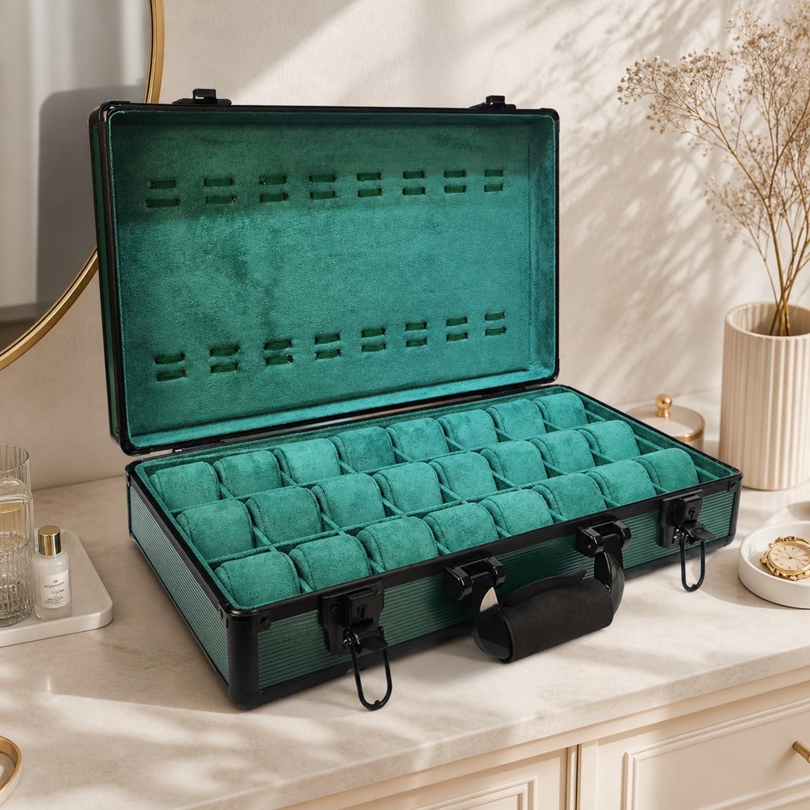 Valigetta Orologi con 24 Scomparti | Rettangolare, Scatola Orologi in Alluminio, Compatta, Contenitore, per, Negozio, Collezionisti, 24 Slot Verde