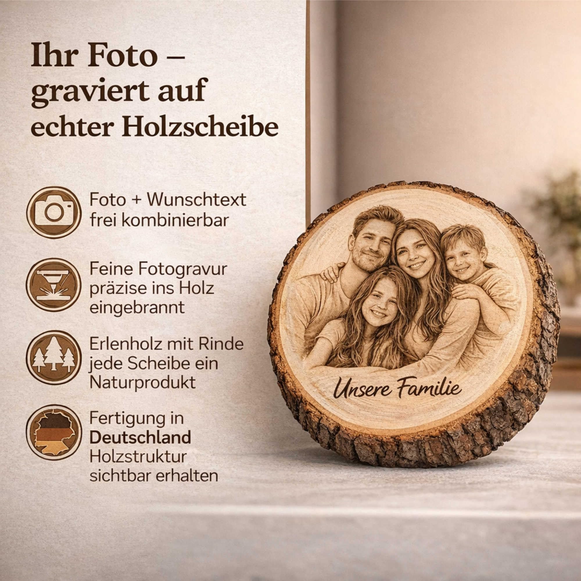 Personalisierte Holzscheibe mit Foto und Wunschtext 20-23 cm gravierte Baumscheibe aus Erlenholz mit Rinde Fotogravur auf Holz
