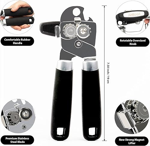 Miniatura 2 de AHRAM Abrelatas manual, rueda de corte deslizante afilada y suave, con imán izquierdo, borde seguro, fabricado con materiales resistentes, con rueda