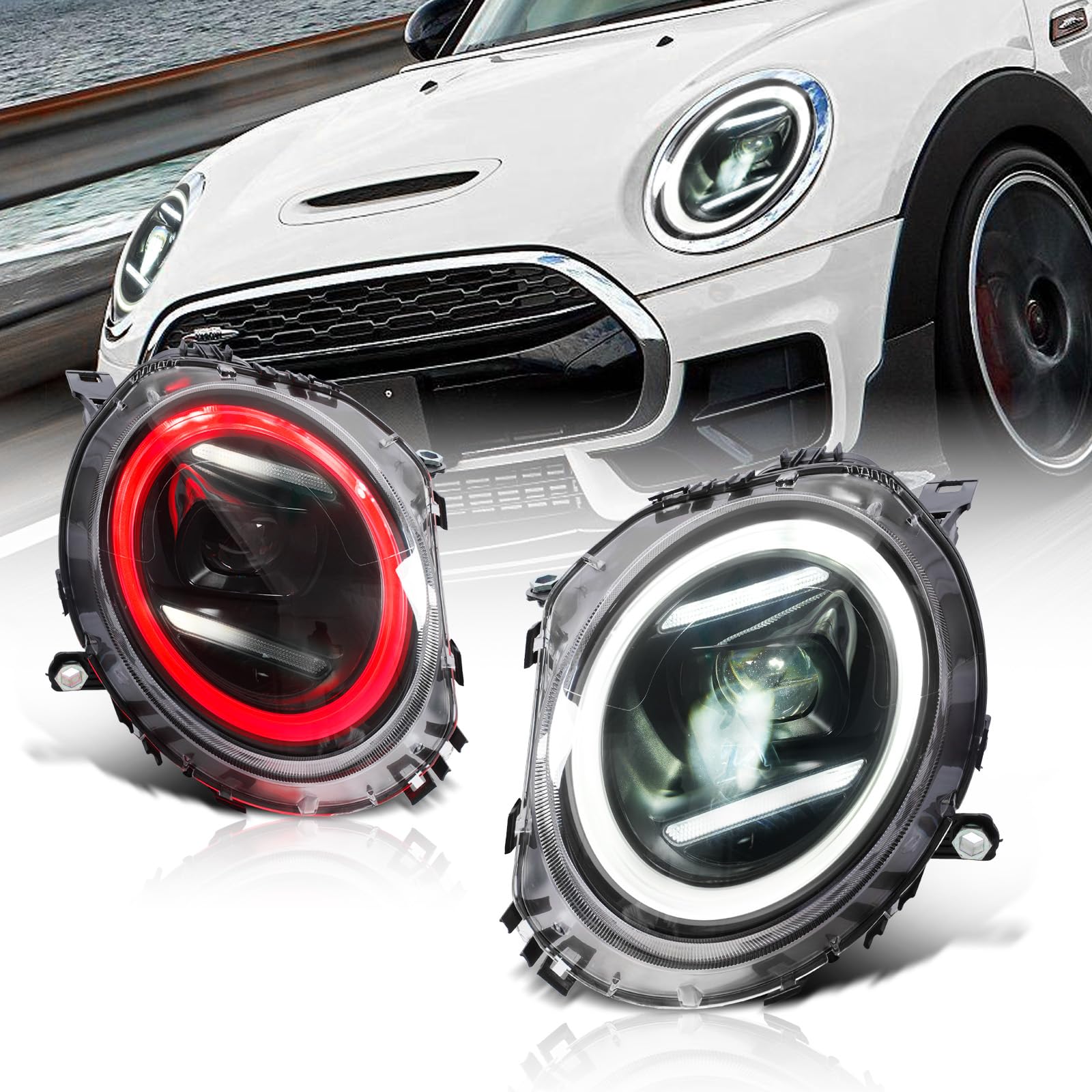 Archaic RGB LED Reflektory kompatybilne z Mini F56 Clubman Cooper F54 F55 F56 F57 F58 F59 JCW 2014-2021, do modeli halogenowych OE z animacją DRL, para