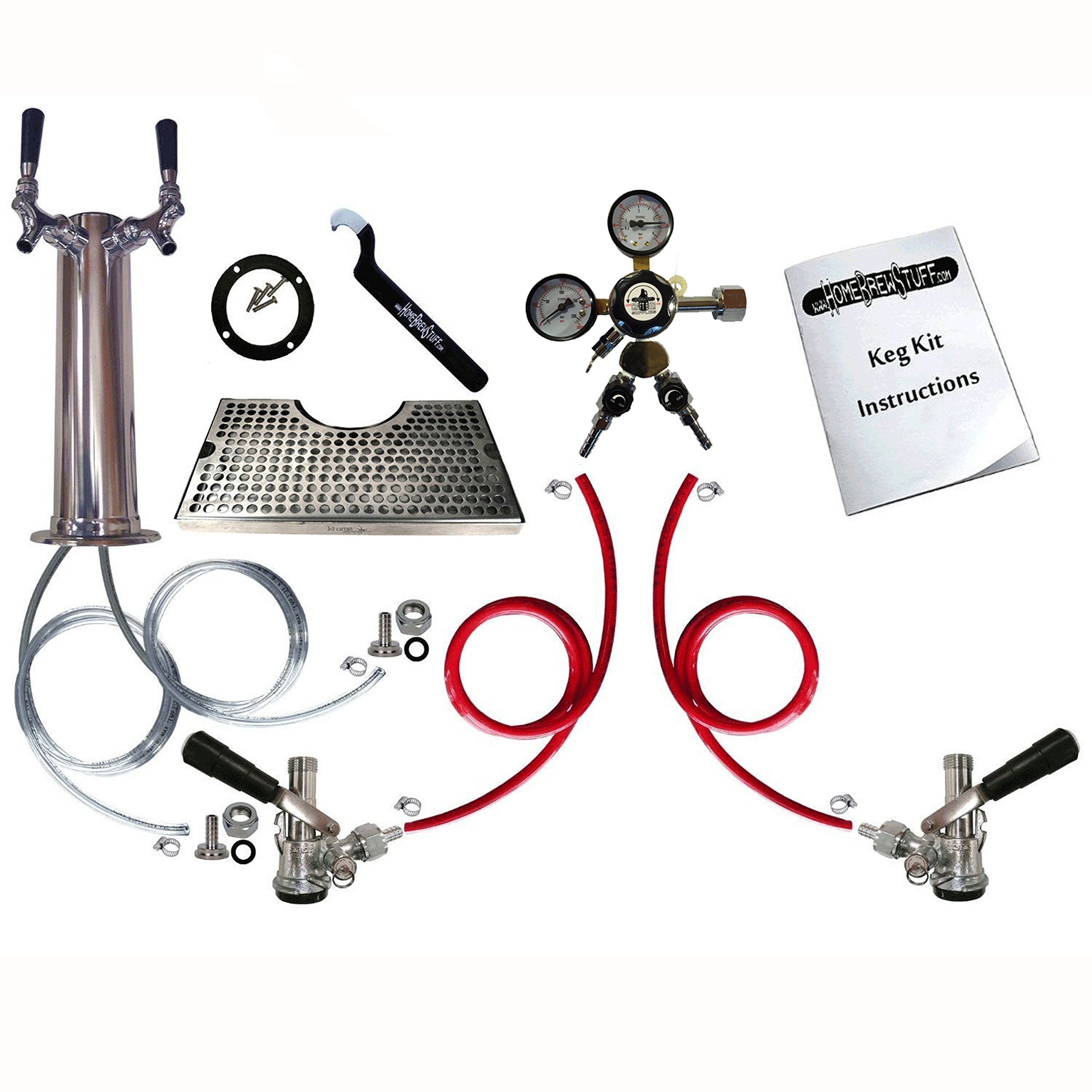 HomeBrewStuff - Kegerator Tower Kit, Double Tap Beer Conversion Kit, Stainless Steel Beer Tower, Dual Gauge Regulator & D-System Keg Coupler - Great for Parties, Man Caves and Bars - Great Gift Idea