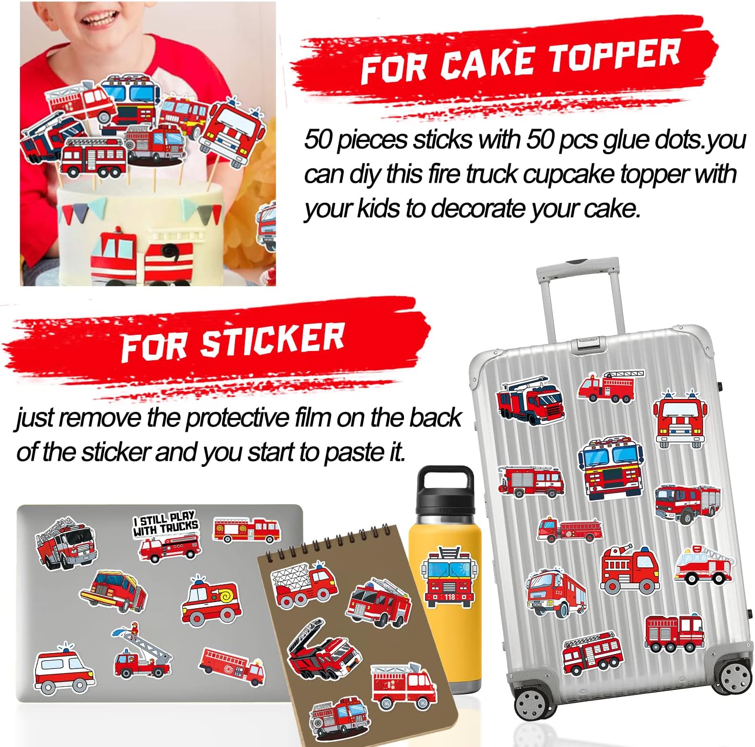 50 Pieces Firetruck Cupcake Topper Fireman Fire Truck Cake Decoration Firefighter Stickers (2 in 1) Firetruck Theme for Kids Boy Girl 1st 2nd Happy Birthday Party Supplies