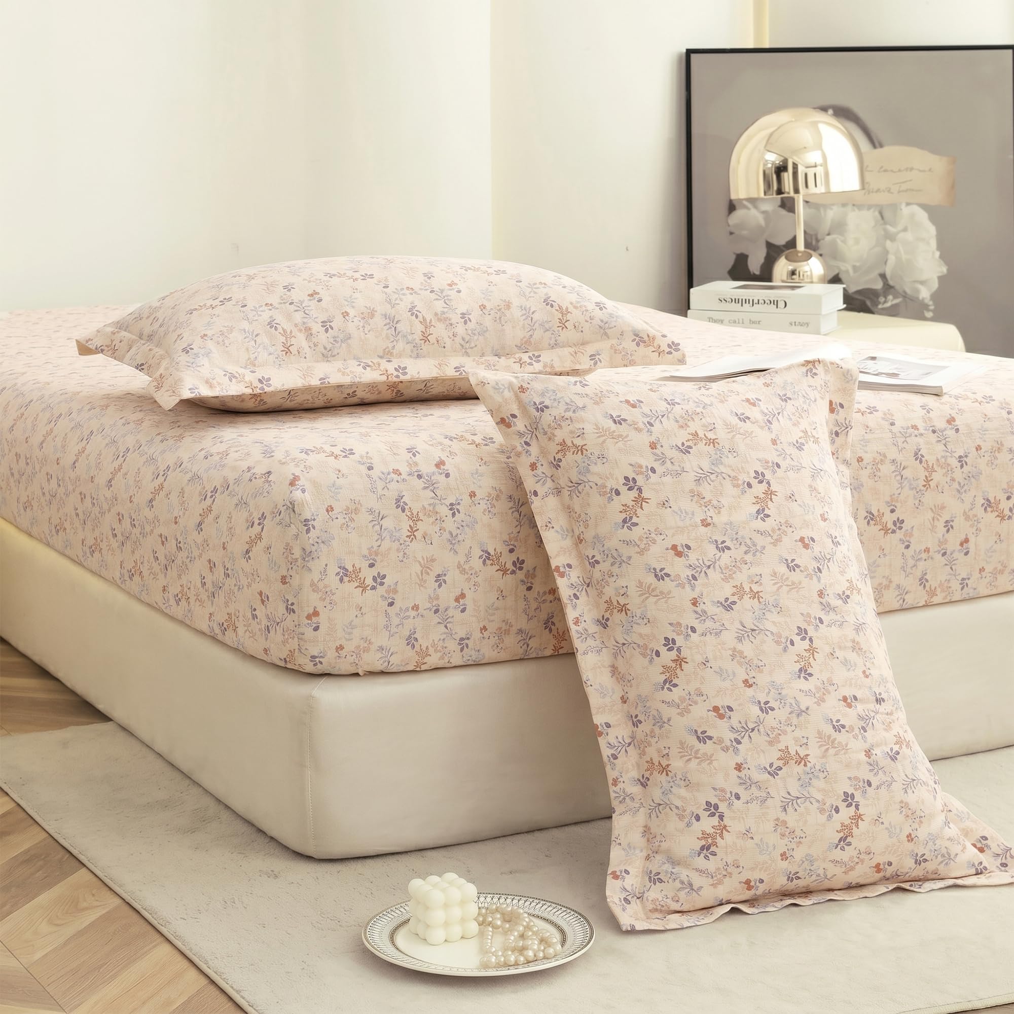 Story@Home King Size Bedsheet | Cloud Cotton Fitted Sheet King Size with Two Pillow Covers| Super Soft Bed Sheet for King Size Bed | Floral Design (270 x 250 cm, Ivory Pink)