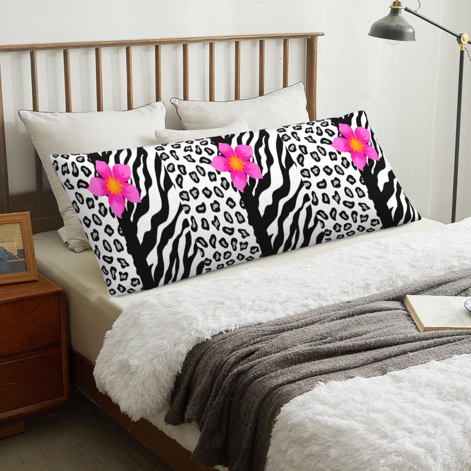 Black And White Zebra And Cheetah Skin And Pink Flower, Body Pillow Cover with Zipper,Long Body Pillowcase 20 x 60 in