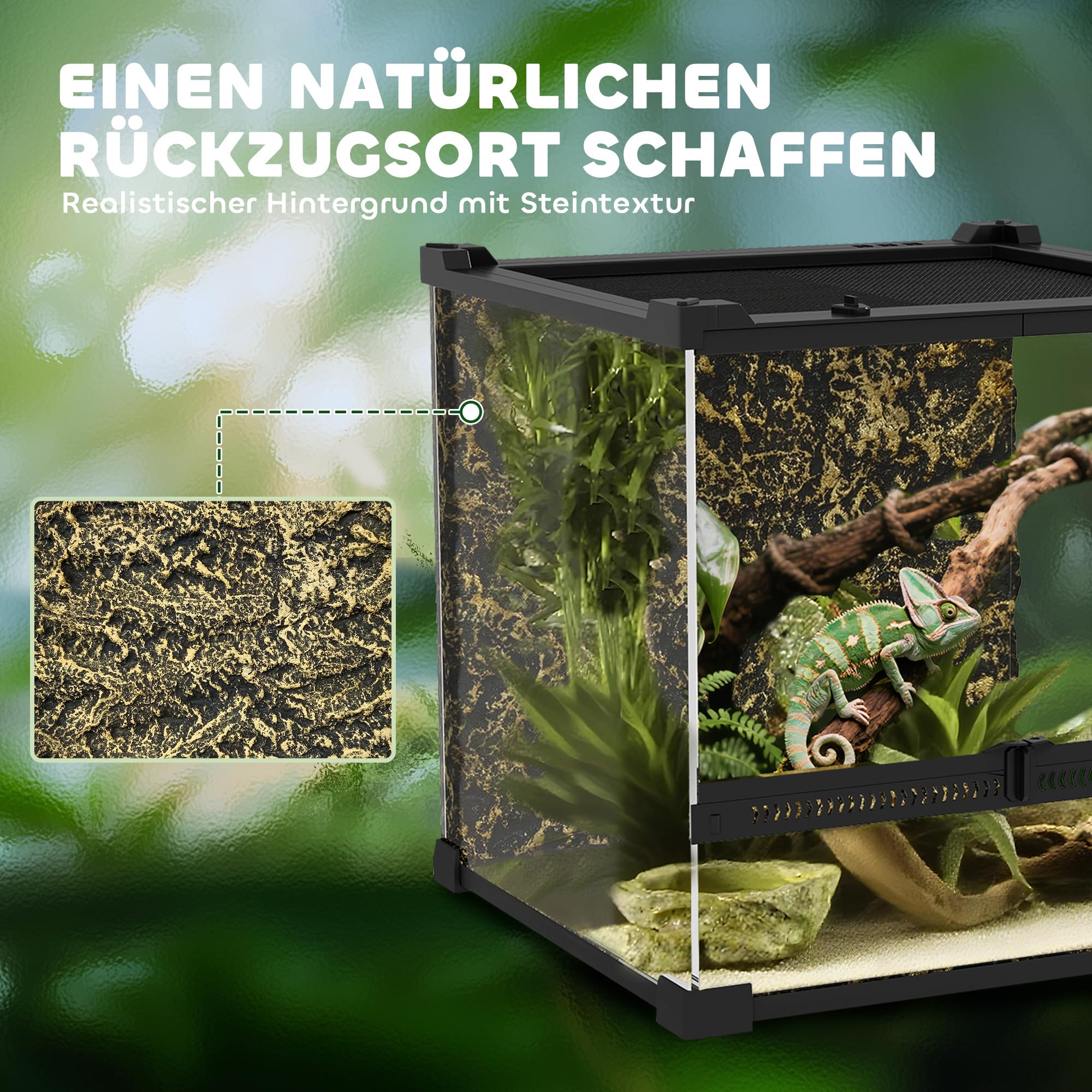 PawHut Terrario para reptiles, terrario de cristal, 24 l, caja de alimentación con ventilación frontal, pared trasera de piedra, cierre a prueba de roturas, caja de cultivo de reptiles para anfibios