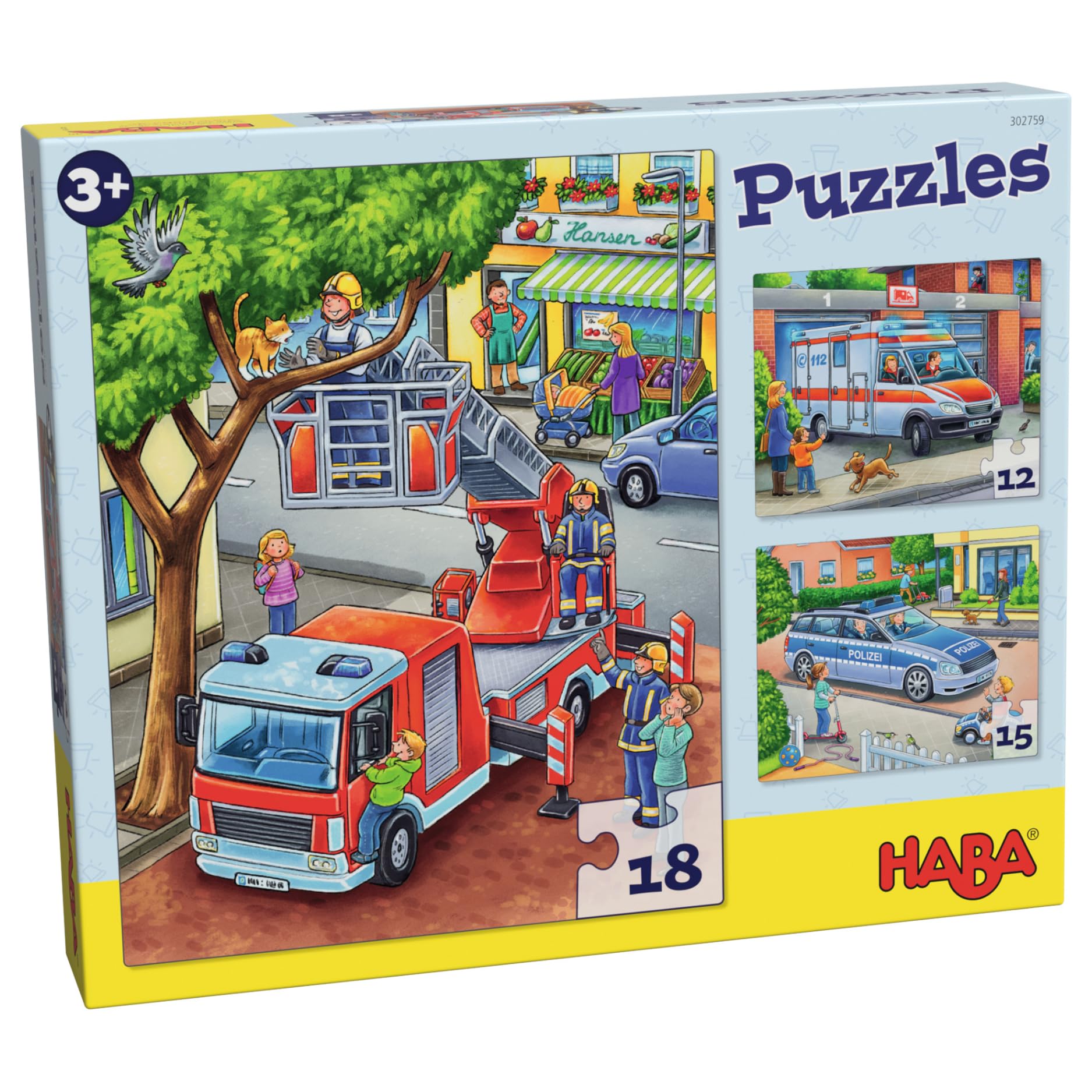HABA Feuerwehr-Puzzle – 3-teiliges Set für Kinder ab 3 Jahren, Papp-Puzzle mit Polizei- und Rettungswagen-Motiven – Fördert Feinmotorik und Konzentration – 1302759001