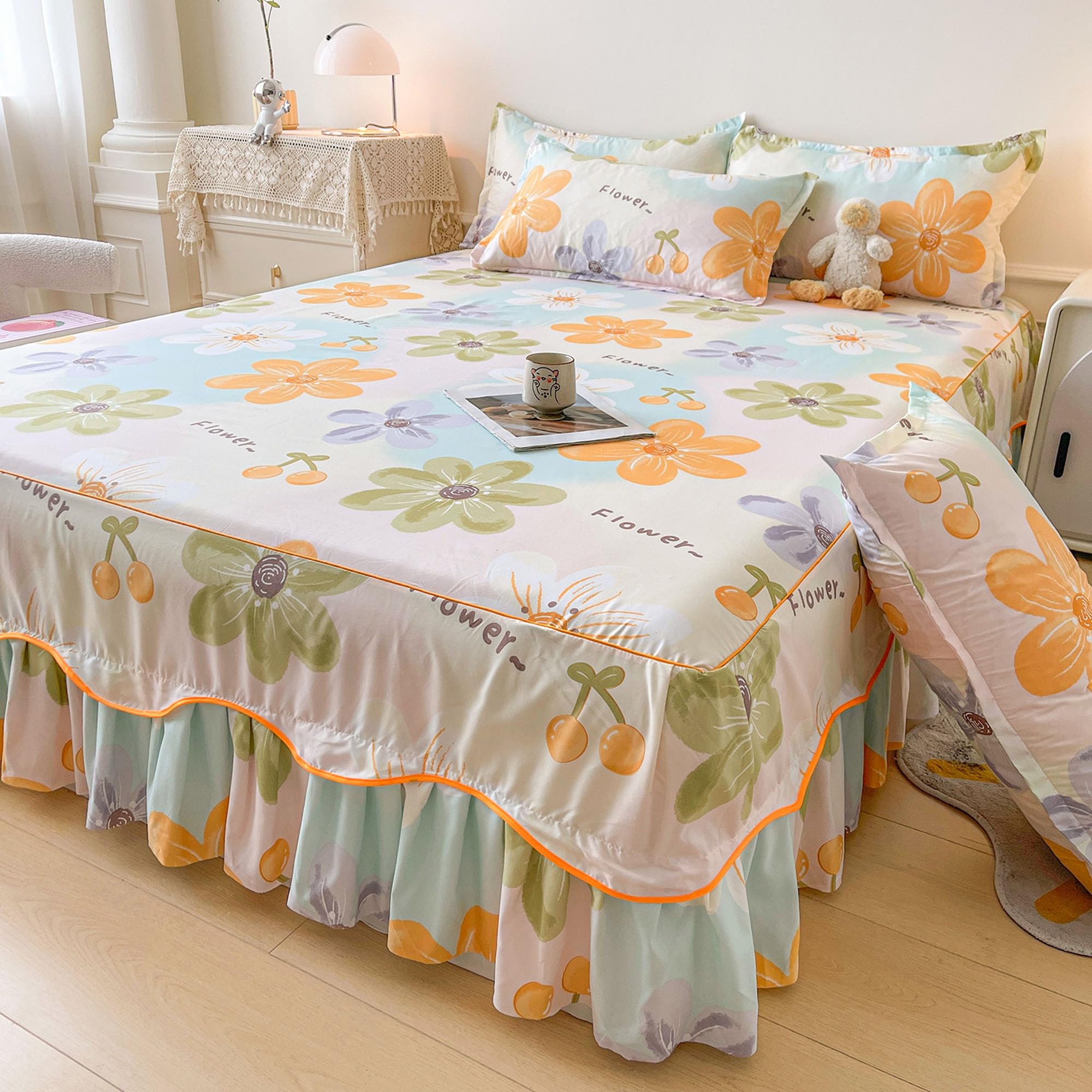 Falda de Cama Floral Vintage, Colcha De Doble Capa con Volantes