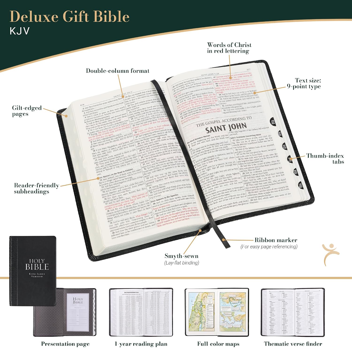 KJV Holy Bible, Standard Size Faux Leather Red Letter Edition Thumb Index & Ribbon Marker, King James Version, Black (KJV Deluxe Gift Editions)