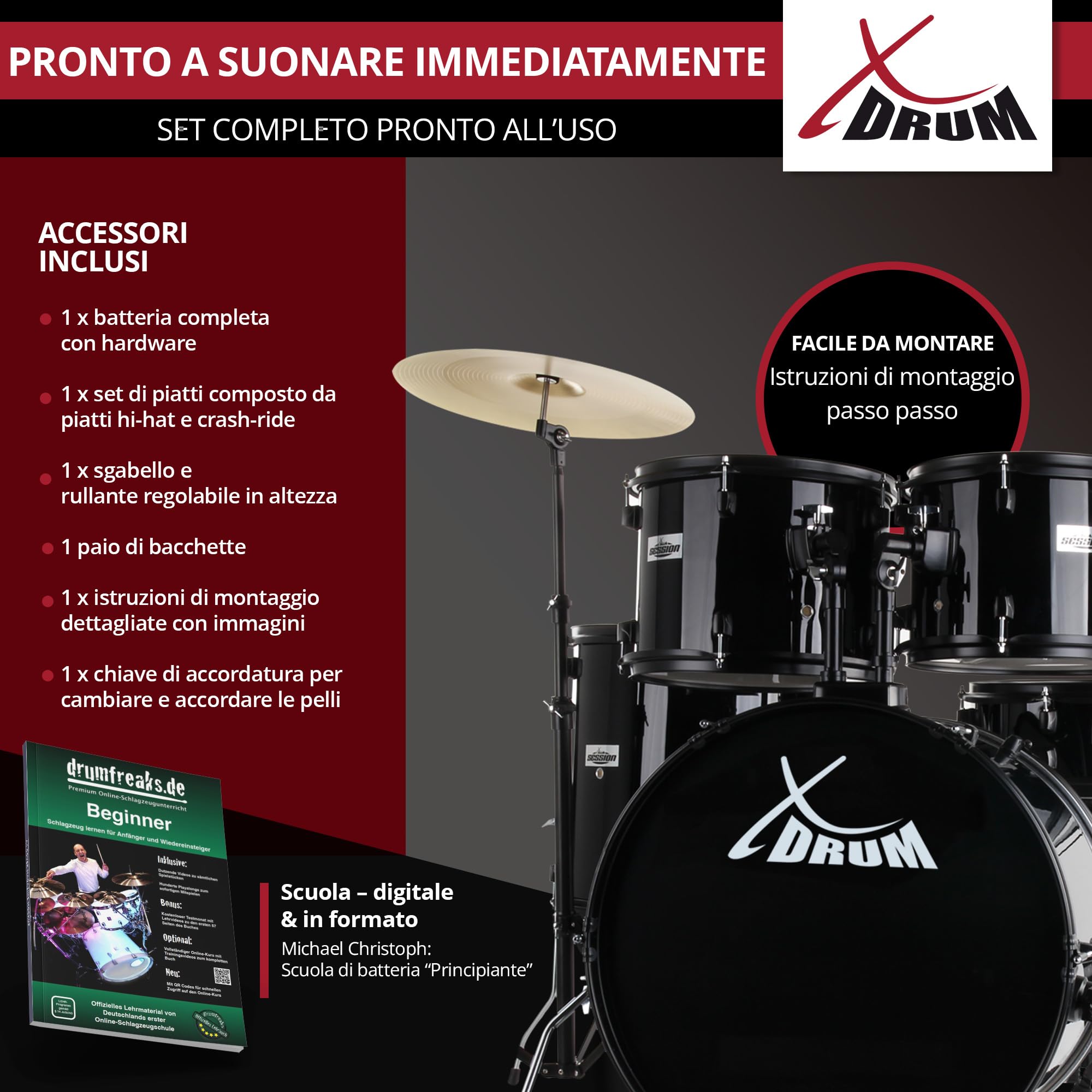 XDrum Rookie 22" Standard Batteria Completa Black - Ideale per Principianti - Hardware Elegante in nero - Incl. Bacchette 5B, Istruzioni di Montaggio e Scuola di Batteria - Nero
