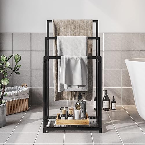 Miniatura 2 de BOFENG Toalleros de metal negro de pie para toallero de baño, soporte de toalla de piso de 3 niveles, toalleros de escalera con estante