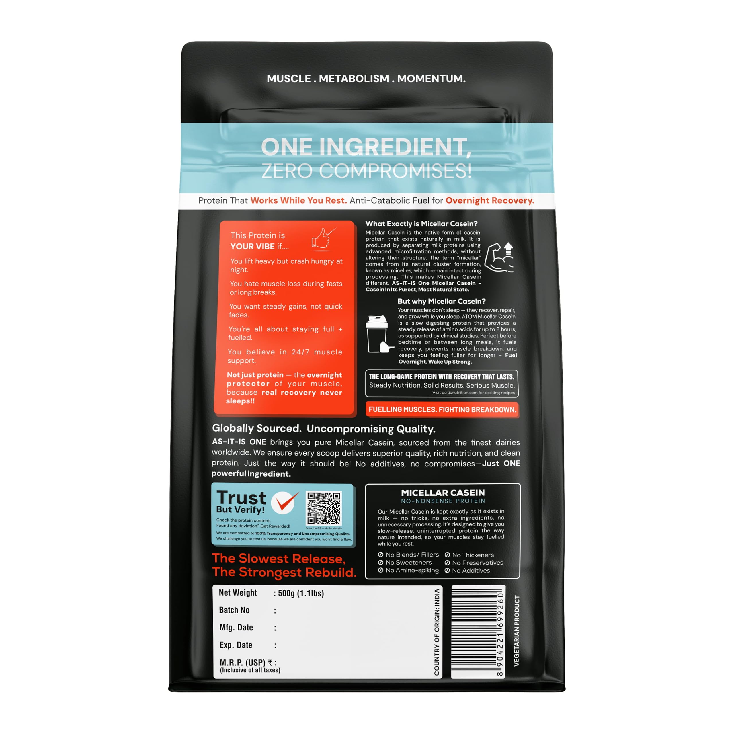AS-IT-IS One Micellar Casein - Slow Releasing Protein, Unflavoured & Unsweetened 500gms, Supports Muscle Repair & Growth, Ideal for Nighttime Recovery — Amazon image 3