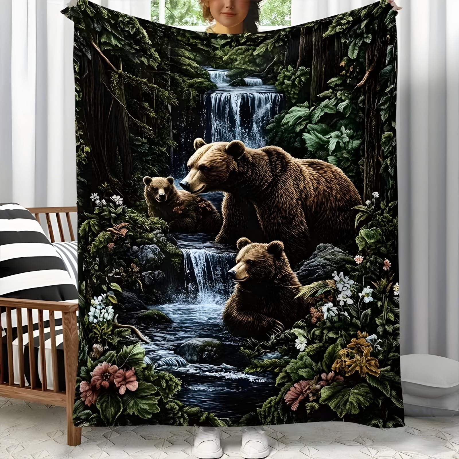 Couverture douce ours brun plaid polaire haut de gamme fleurs blanches 200x200 cm grand confort