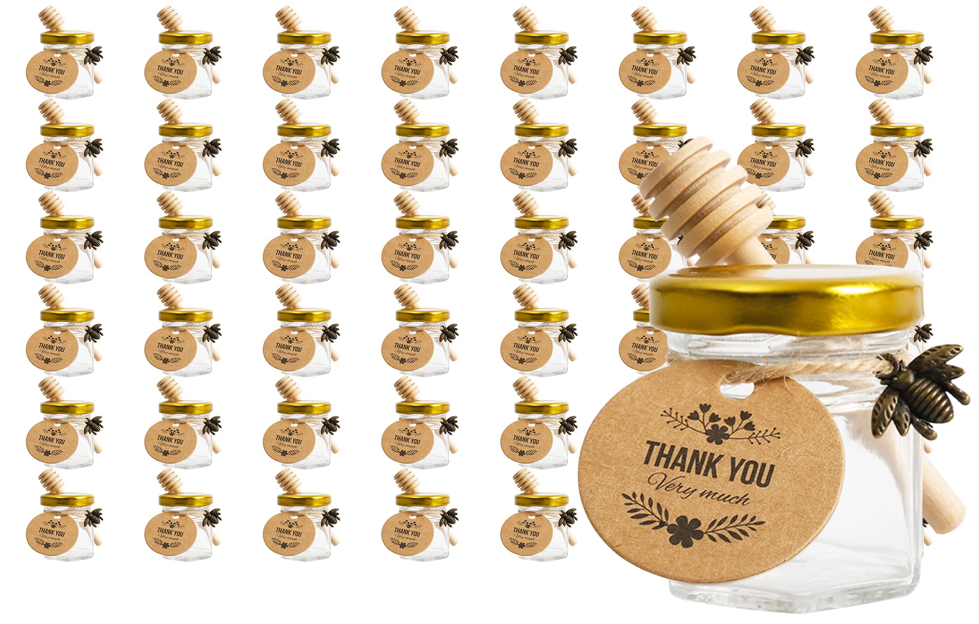 1.5oz 48 Pack Mini Glass Hexagon Canning Jars with Gold Lid, Bee Charms Honeybee Pendant, Honey Dipper Sticks, Jute Tag String, Thank You Gift Tags, Baby Shower Party Wedding Favors (48 Bronze Bee)