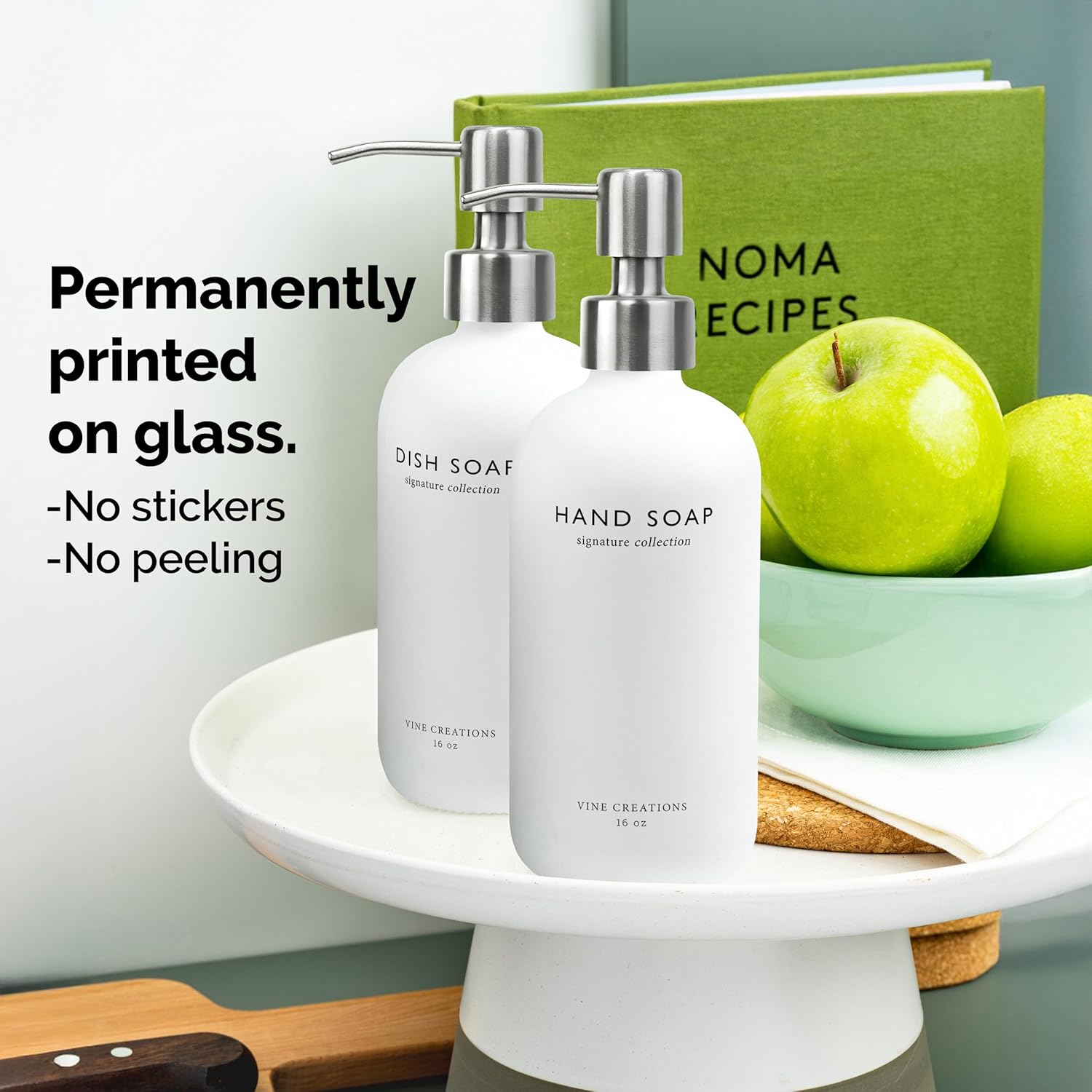 Vine Creations White Glass Soap Dispenser Set, Dish Soap and Hand Soap Dispenser Set with Stainless Steel Pump, 16 oz Glass Dispensers for Kitchen or Bathroom Decor (Matte White Bottle/Silver) - Image 3