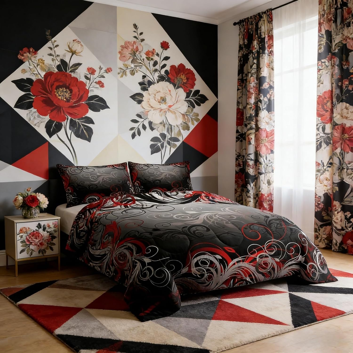 Homewish Gray Floral Swirls Comforter Set Queen Size,Gothic Leaf Bedding Set 3pcs for Kids Teens Adult Room Decor, Abstract Mystic Trippy Quilt Set Black Red Duvet Insert with 2 Pillowcases