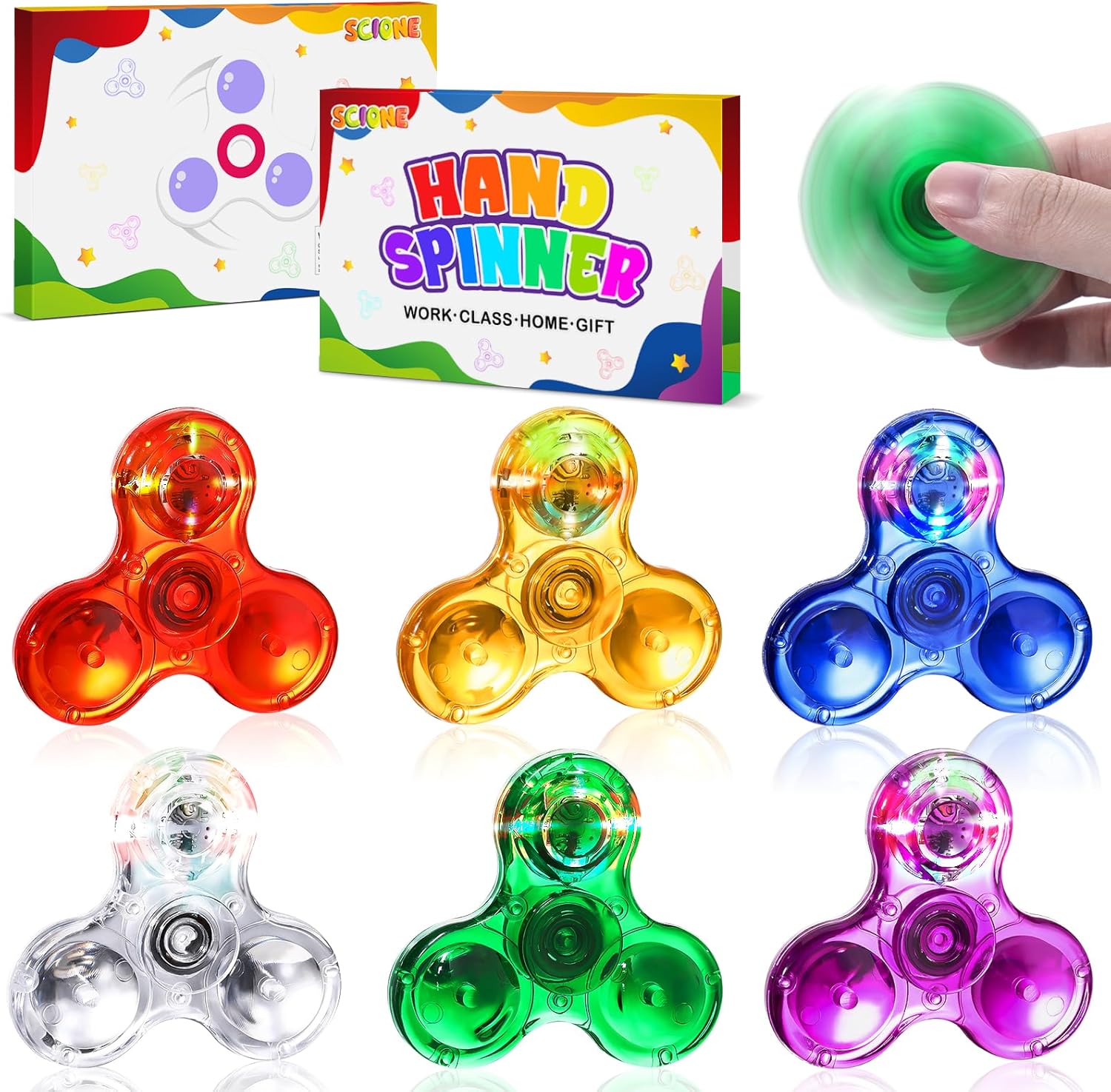 SCIONE 6PCS Mini Crystal LED Light Fidget Spinner for 3-8 Kids, 2.24inch LED Light up Fidget Toy for Toddlers,Glow in The Dark Party Supplies Stress Relief for Children Adults