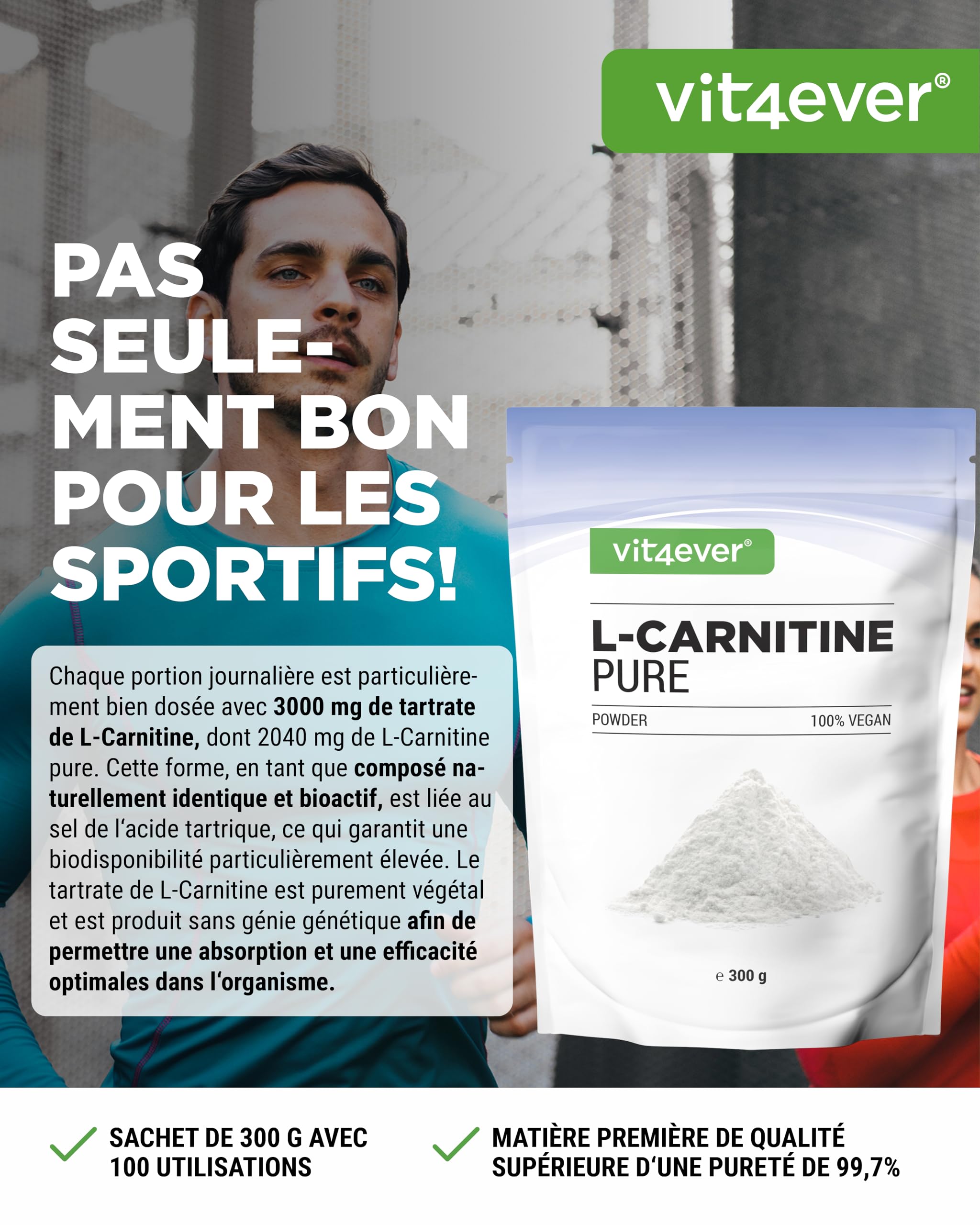 l carnitine poudre L-Carnitine Pure - 300 g de Poudre Pure sans Additifs - 100% L-Carnitine  Tartrate - 100 Portions avec 3000 mg de Carnitine en Poudre - Vegan