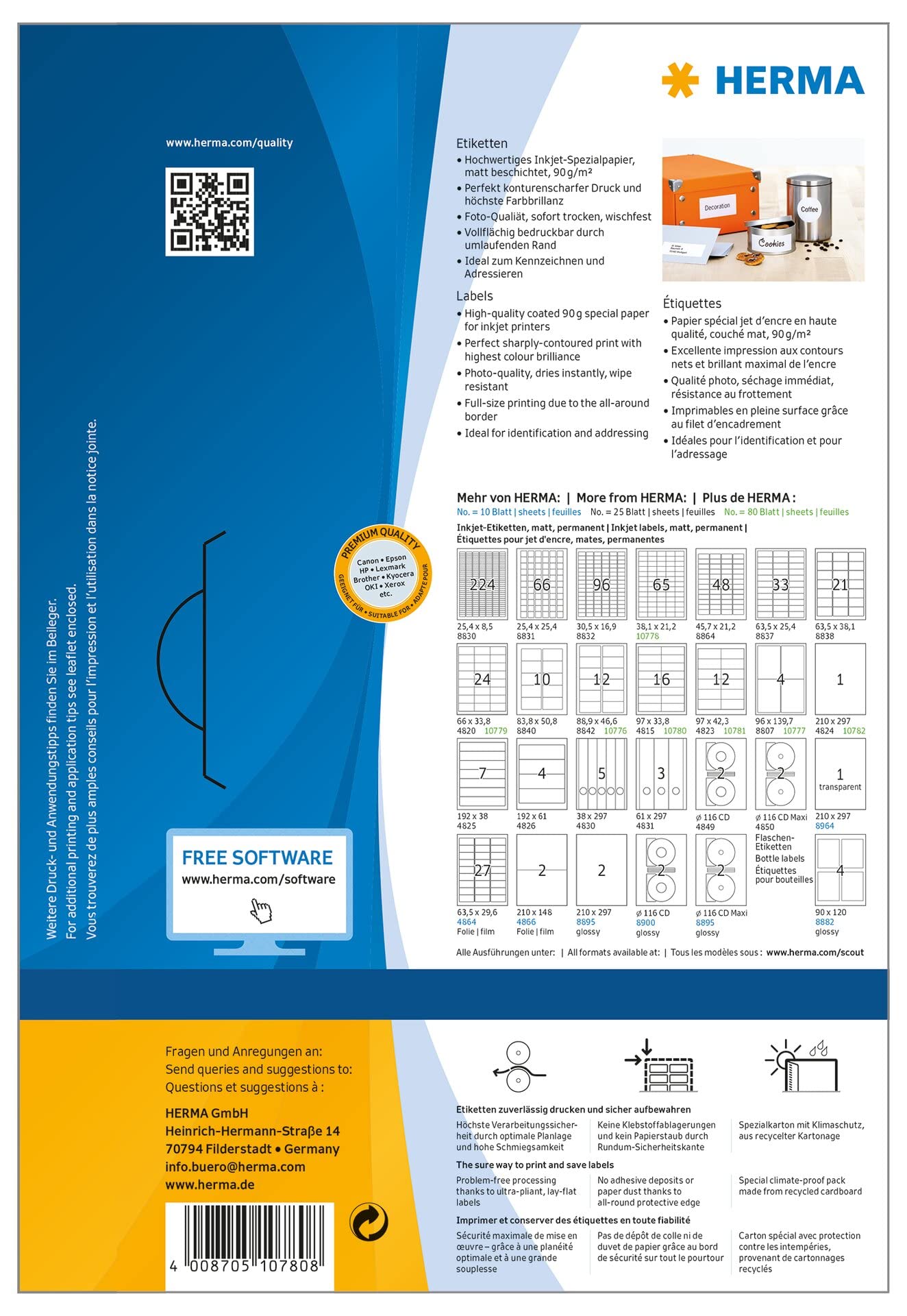 HERMA 10780 - Etichette per indirizzi per stampanti a getto d'inchiostro, 80 fogli, 97 x 33,8 mm, 16 fogli A4, 1280 pezzi, autoadesive, stampabili, opache, in bianco