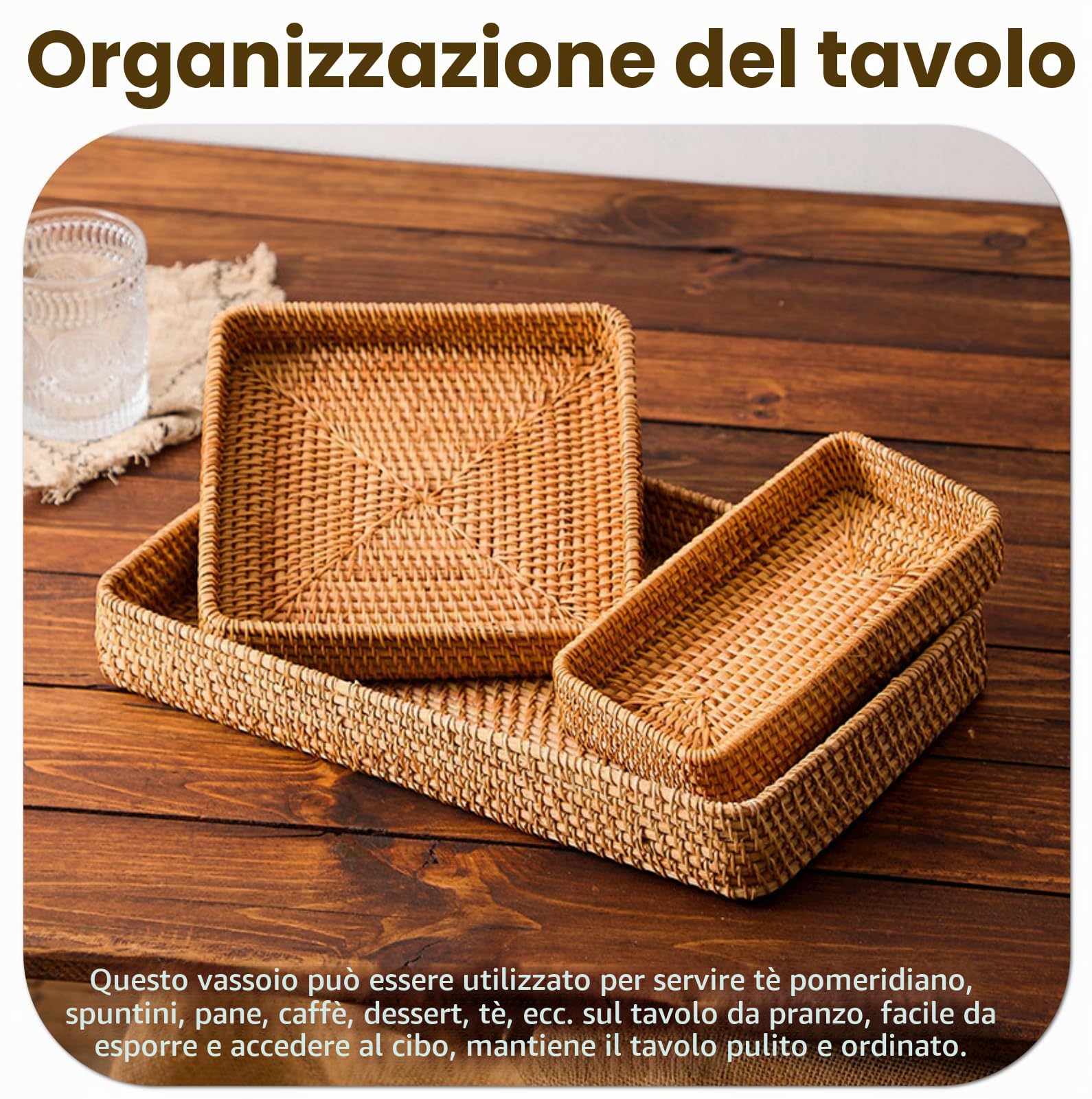 Vassoio da Portata in Rattan, Cestino per Il Pane in Vimini Intrecciato a Mano Vassoio Portaoggetti Rettangolare per Tessitura Decorazione Piatto per Colazione, Tè, Bevande, Pane(Set of 3)