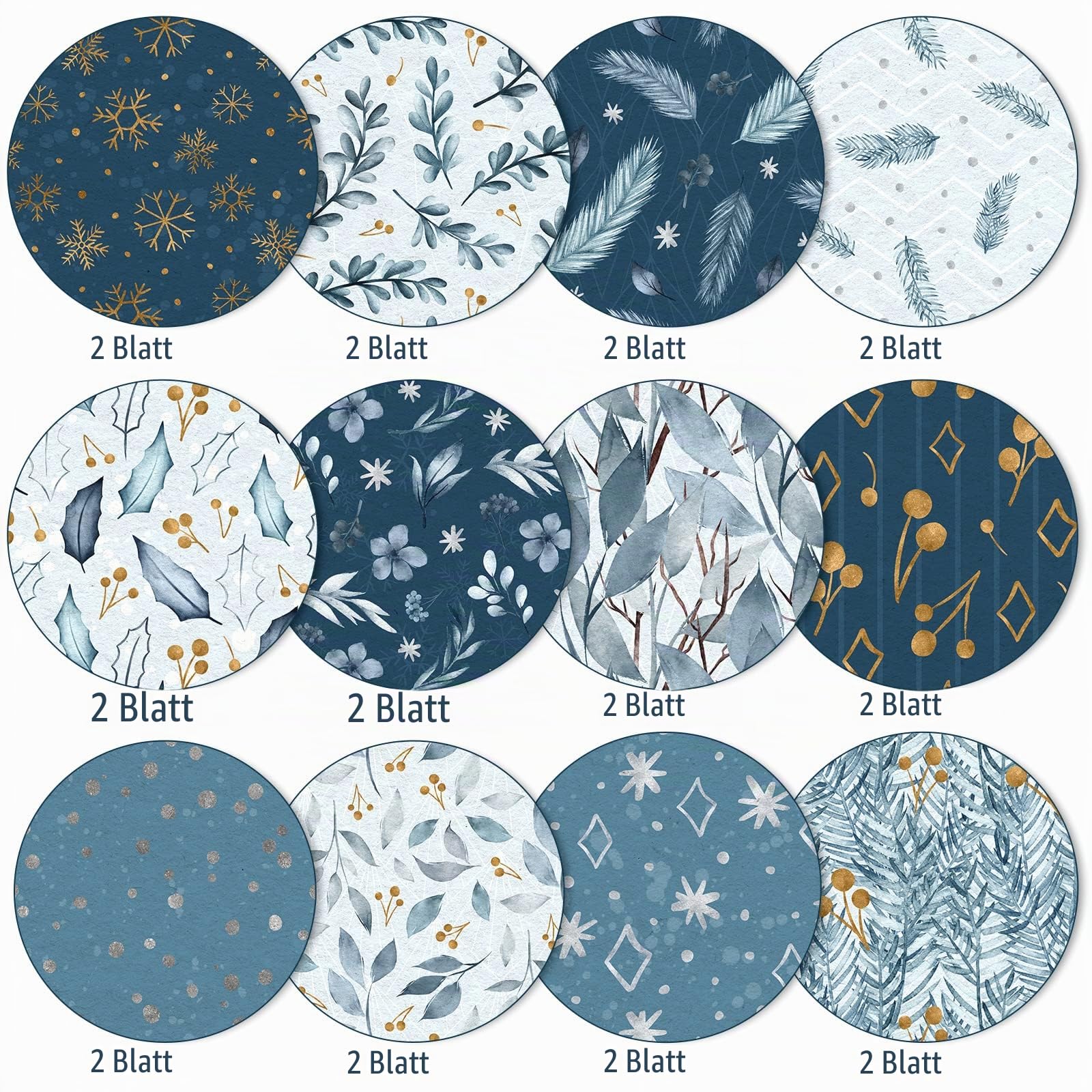 Whaline 24 Stück Weihnachtsmuster Papier 30x30 cm Aquarell Winter Scrapbook Papier doppelseitig weiß blau Schneeflocke Bastelpapier für DIY Kartenherstellung Scrapbook Fotoalbum Dekoration, 12 Designs
