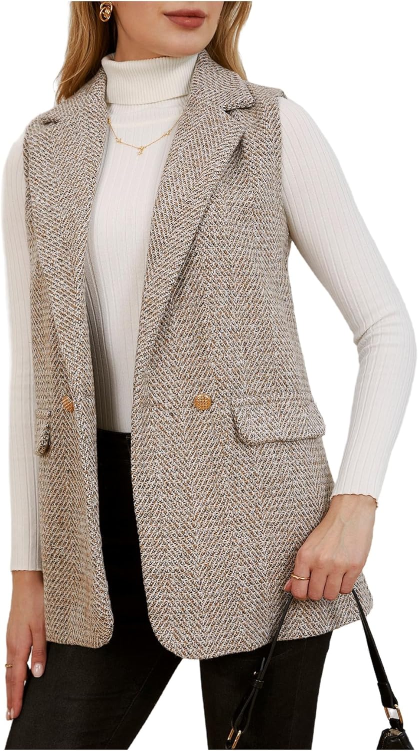 MakeMeChic Women's Tweed Blazer Vest Sleeveless Lapel Collar Business Casual Jacket Coat