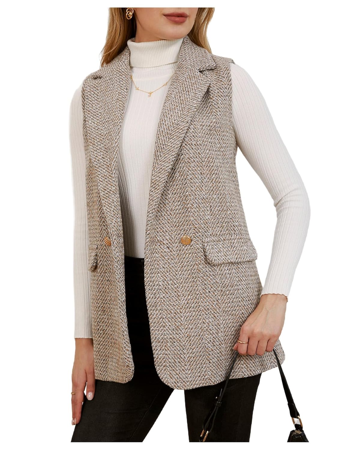 MakeMeChic Womens Tweed Blazer Vest Sleeveless Lapel Collar Business Casual Jacket Coat
