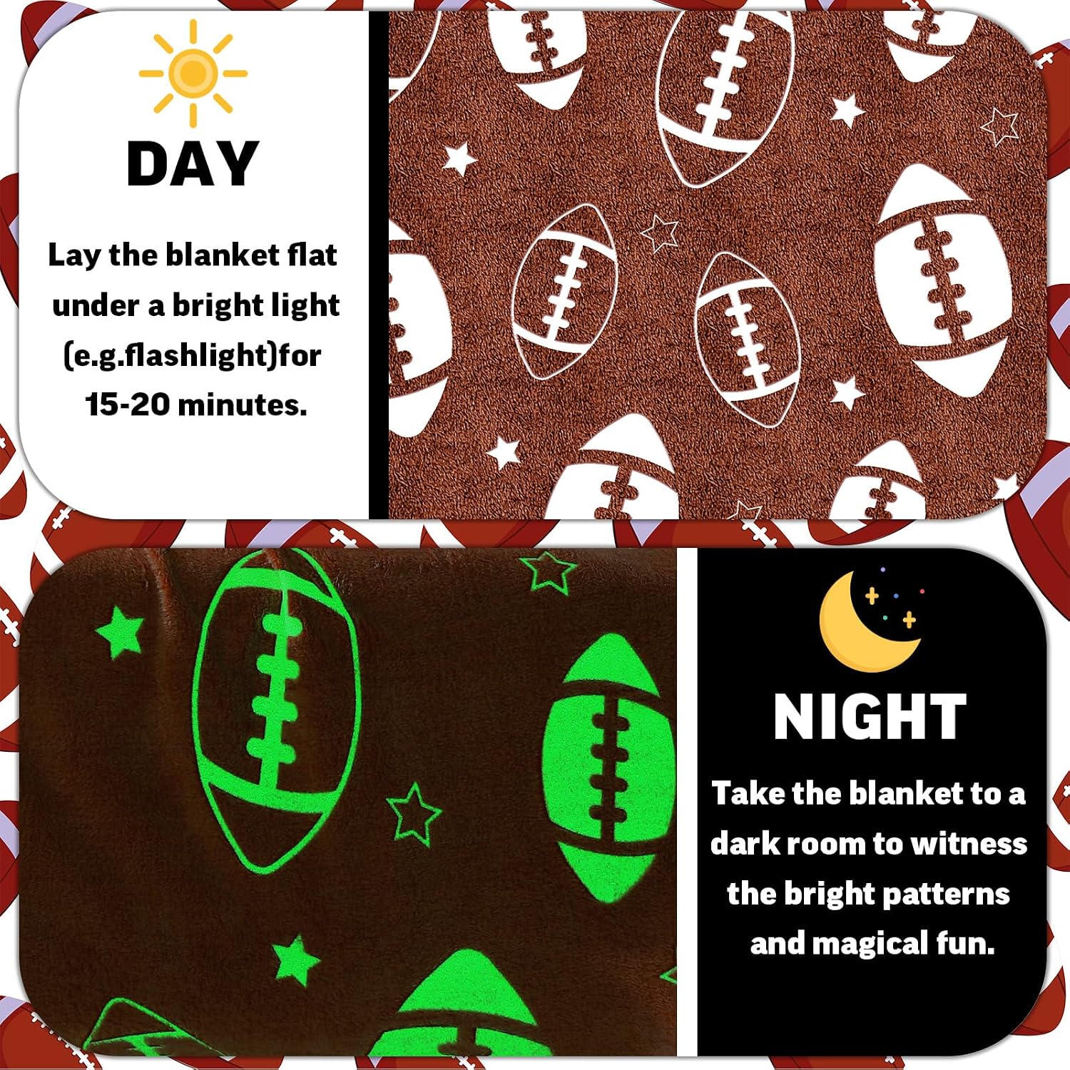 Football Blanket Brown 50x60, Glow in Dark Throw for Boys image 4