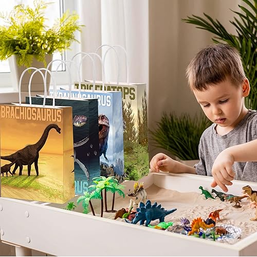 Miniatura 5 de 24 bolsas de regalo de fiesta de dinosaurio con asa, bolsas de regalo de papel kraft de dinosaurio, bolsas de regalo para niños y niñas, temática de
