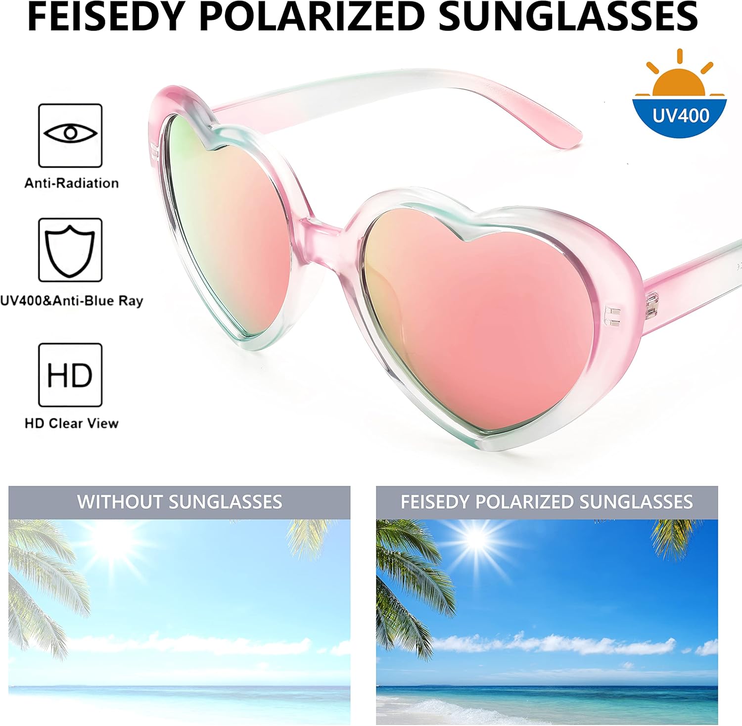 FEISEDY Polarized Heart Shaped Sunglasses Oversized Vintage Fashion Love Eyeglasses for Women UV400 B2337 - Image 6