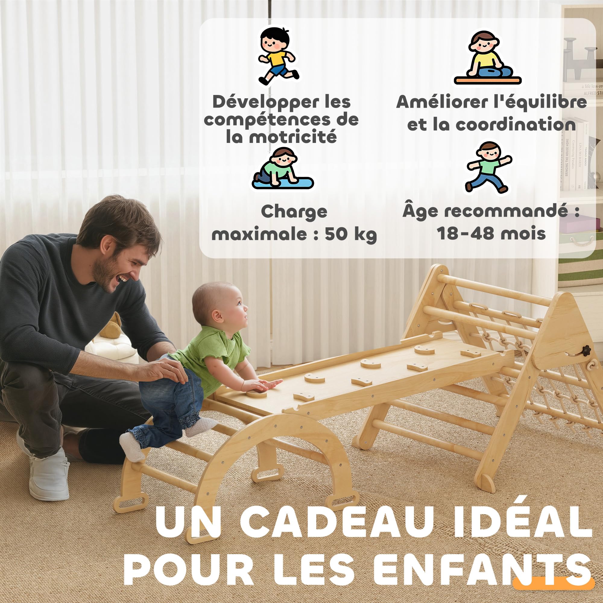 AIYAPLAY 8 en 1 triángulo de Escalada para niños con rampa Doble Cara, Arco de Escalada de Madera álamo con tobogán y Escalera, Carga 50 kg para deslizarse o Escalar bebé de 18 a 48 Meses, Natural