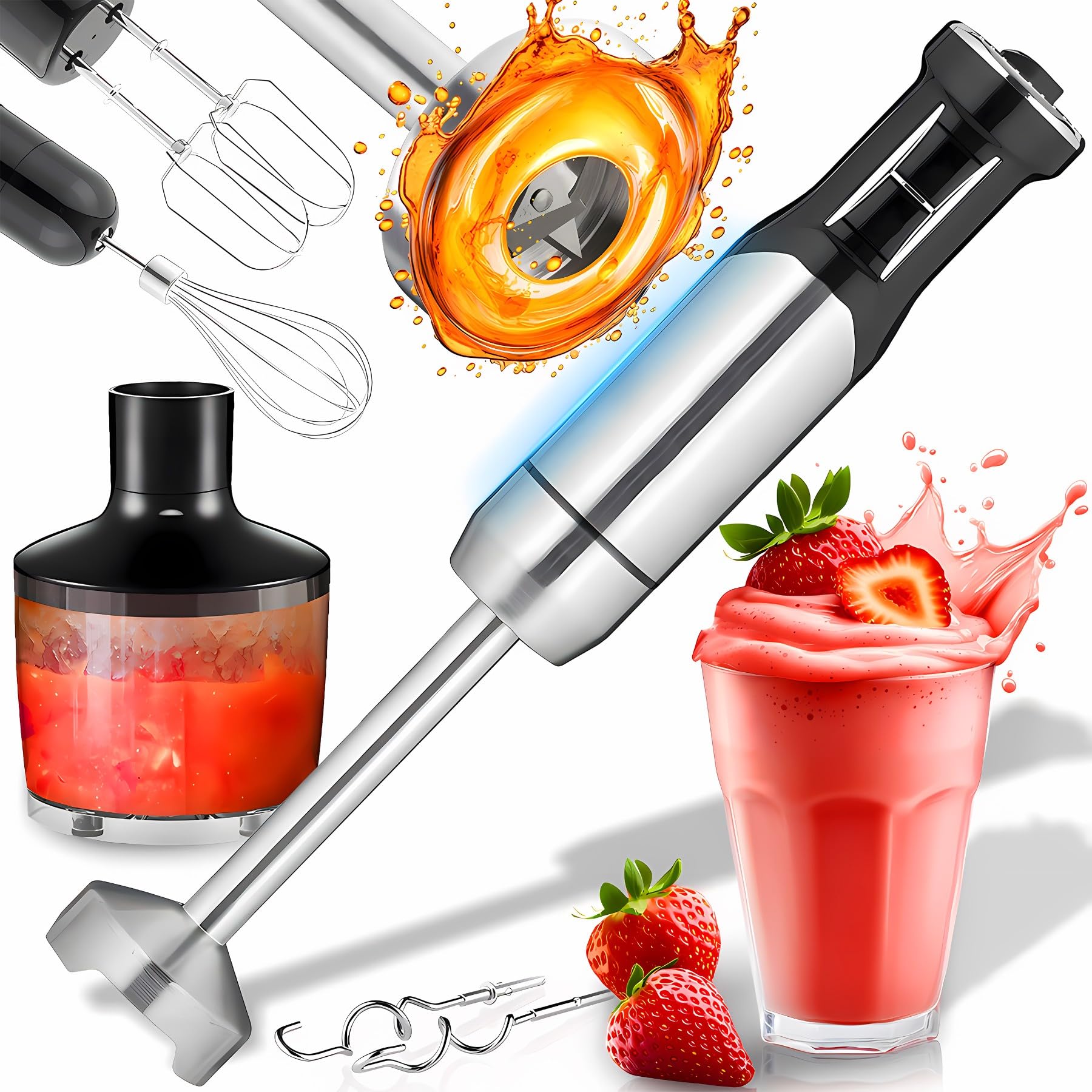 Retoo Hand Blender Set, 1200W 15000RPM Immersion Blender with Turbo Function and 8 Speed Levels, Splash Guard Neck, Multifunction Electric Mixer Set