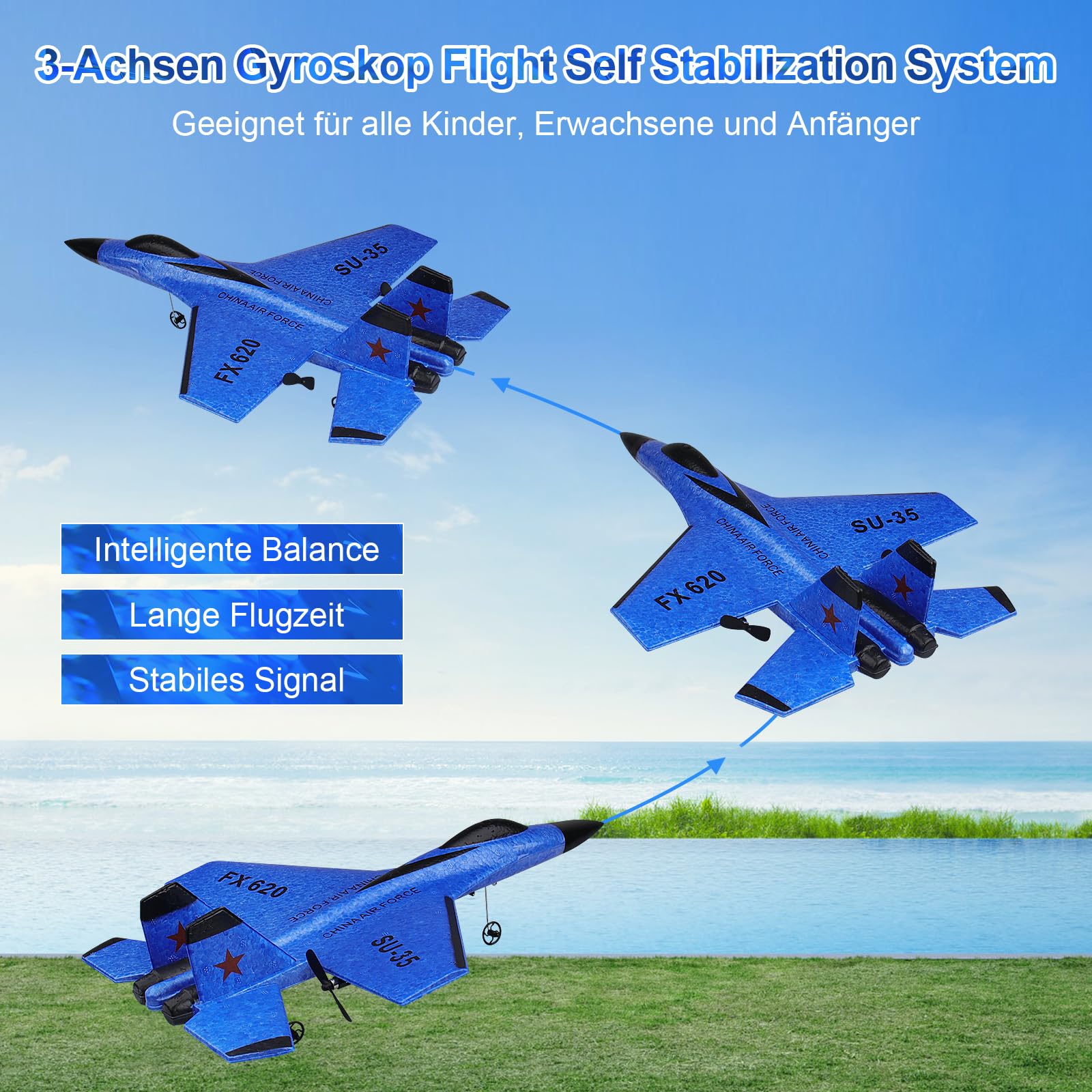 Henakmsl RC Flugzeug 2CH Ferngesteuerter SU35 Kämpfer 2.4GHz RC Flugzeug RTF für Anfänger, Kinder und Erwachsene, FX620 Flugzeug Spielzeug mit Farbigen Lichtern USB-Aufladung Blau