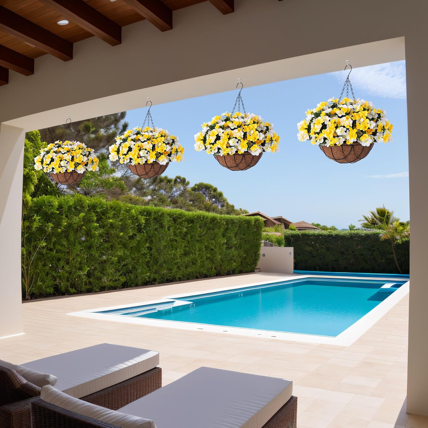 Artificial Hanging Flowers with Basket for Outdoor, Fake Hydrangea UV Resistant Arrangements in Pot Planter Spring Summer Decor for Porch Garden Yard(Yellow White) - Image 4