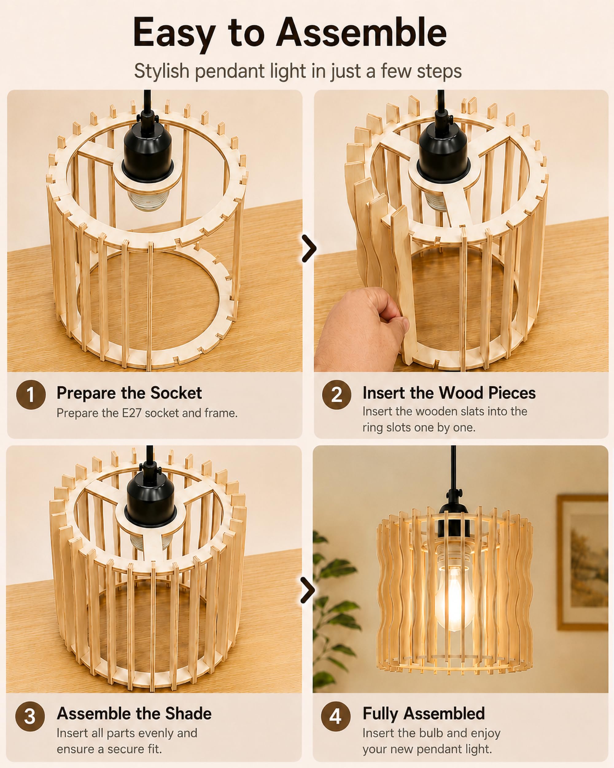 ACMHNC Zestaw 2 Drewnianych Lamp Wiszących, 20 cm Lampa Sufitowa Boho E27 z Regulowanym Kablem 1,5 m, do Jadalni, nad Wyspę Kuchenną, do Sypialni, Korytarza i Kawiarni, 3000k