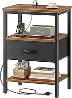 SUPERJARE Nightstand with Charging Station & Adjustable Fabric Drawer - 3-Tier Bedside End Table for Bedroom, Rustic Brown/Black