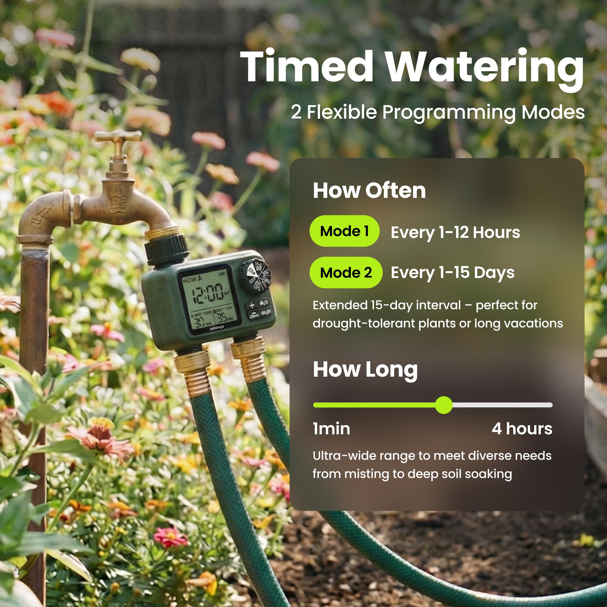 Sprinkler-Timer für Gartenschlauch, programmierbarer 1 oder 2 Auslassregler mit selbstreinigendem Ventil, 15-Tage-Frequenz, großes Zifferblatt, Regenverzögerung & Auto-Off, IPX5