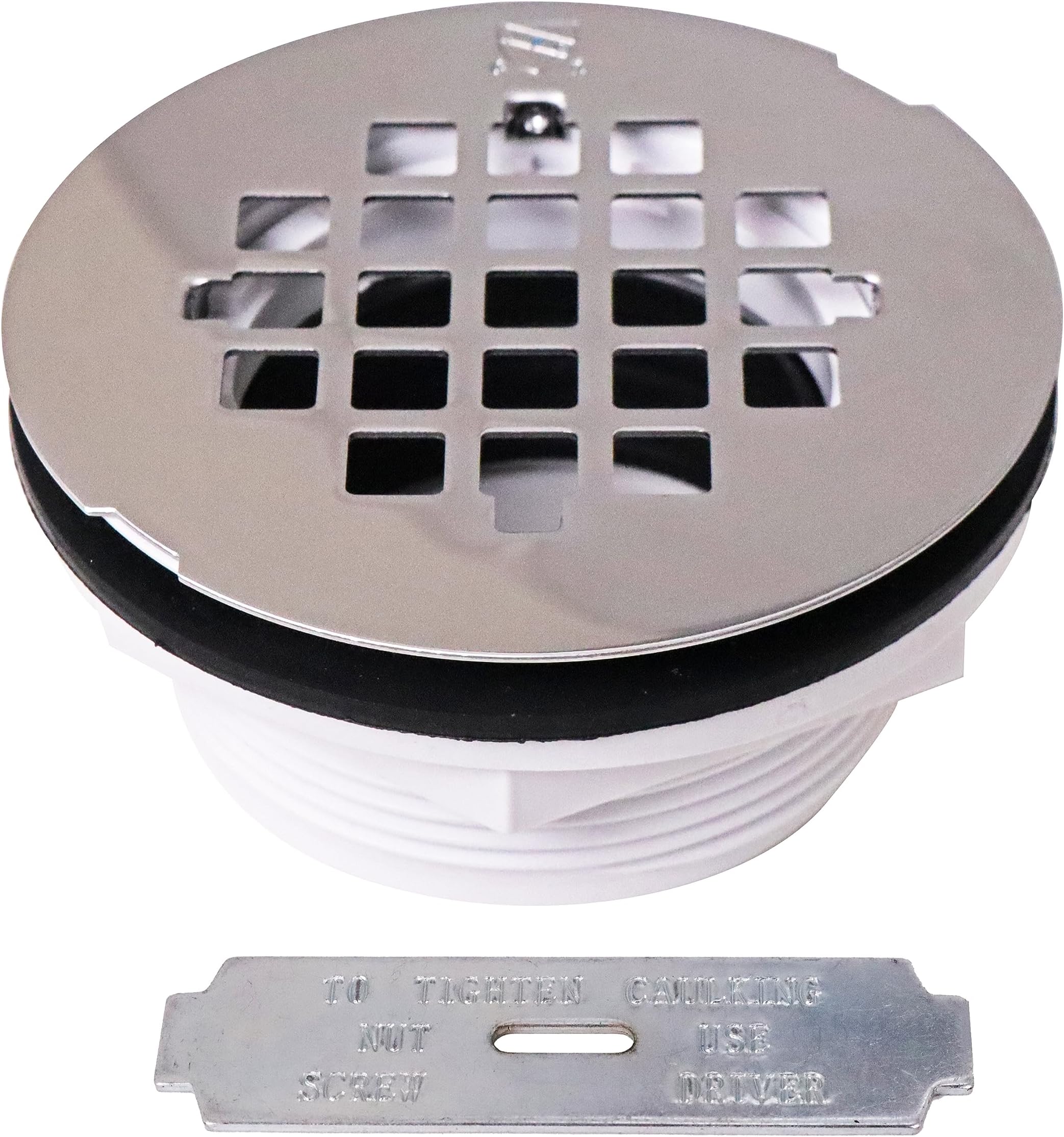 D206P-26 2" No-Caulk PVC Compression Shower Drain with 4-1/4" Round Grid Cover, Polished Chrome