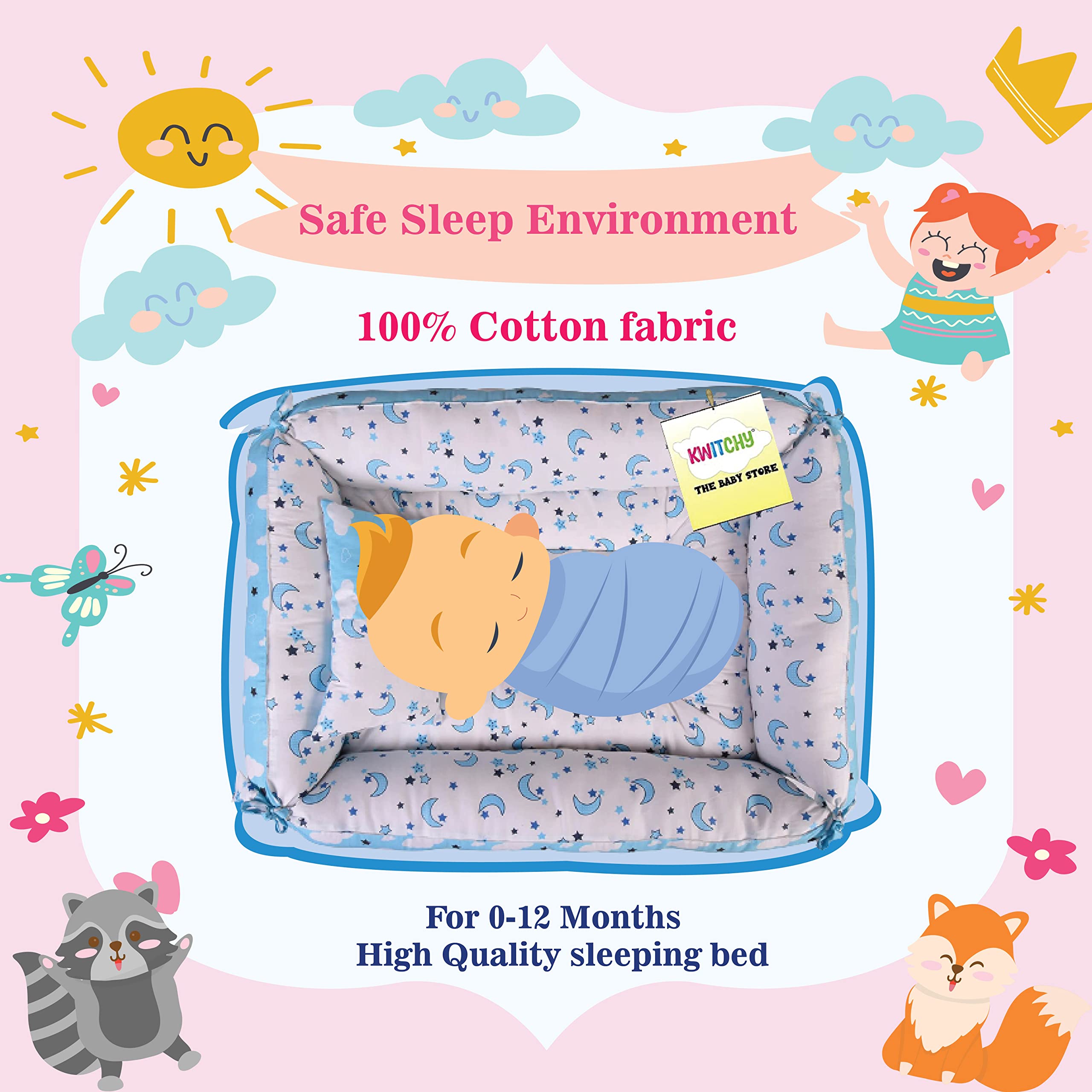 Kwitchy Baby Bed Bedding Set for New Born | Bed Mattress | Mosquito Net | Cotton | Travel Bed | Lounger | Essentials | Toddlers Infants | Gadda Set (0-12 Months) Blue 4