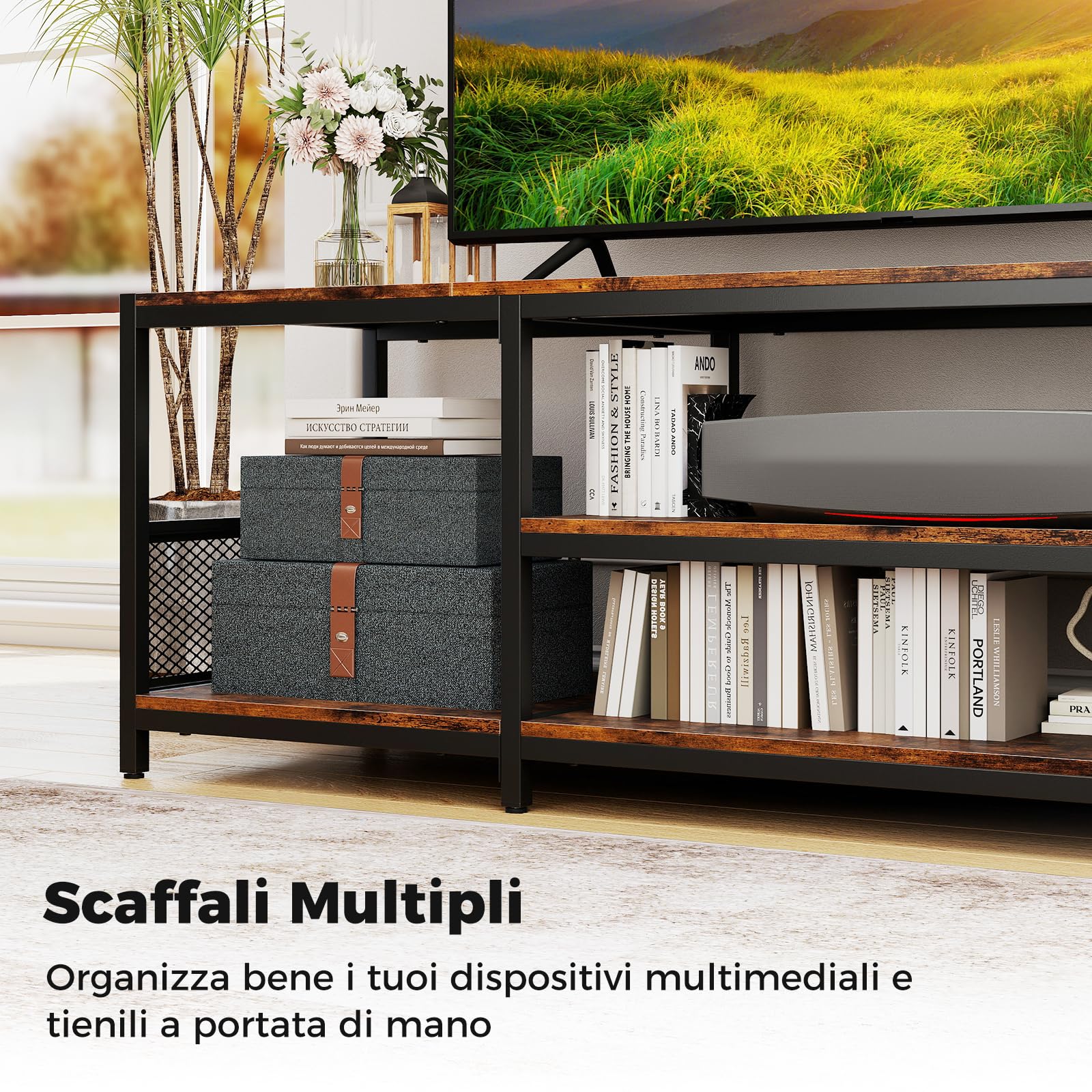 COSTWAY Mobile TV Soggiorno fino a 65", Tavolino TV con Mensole Aperte, Consolle Media Industriale, Centro Intrattenimento Basso Salotto, per Soggiorno Camera da Letto