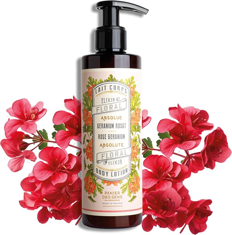 Panier des Sens Rose Geranium Body & Hand Lotion Pump, 8.45 fl oz | Perfumed Lotion For Women | Body & Hand Care | Vegan Formula | 97% Natural Ingredients | Fast-Absorbing, Non-Greasy