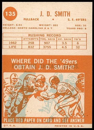 Miniatura 2 de 1963 Topps # 135 J.D. Smith San Francisco 49ers (Football Card) VGEX 49ers North Carolina A&T