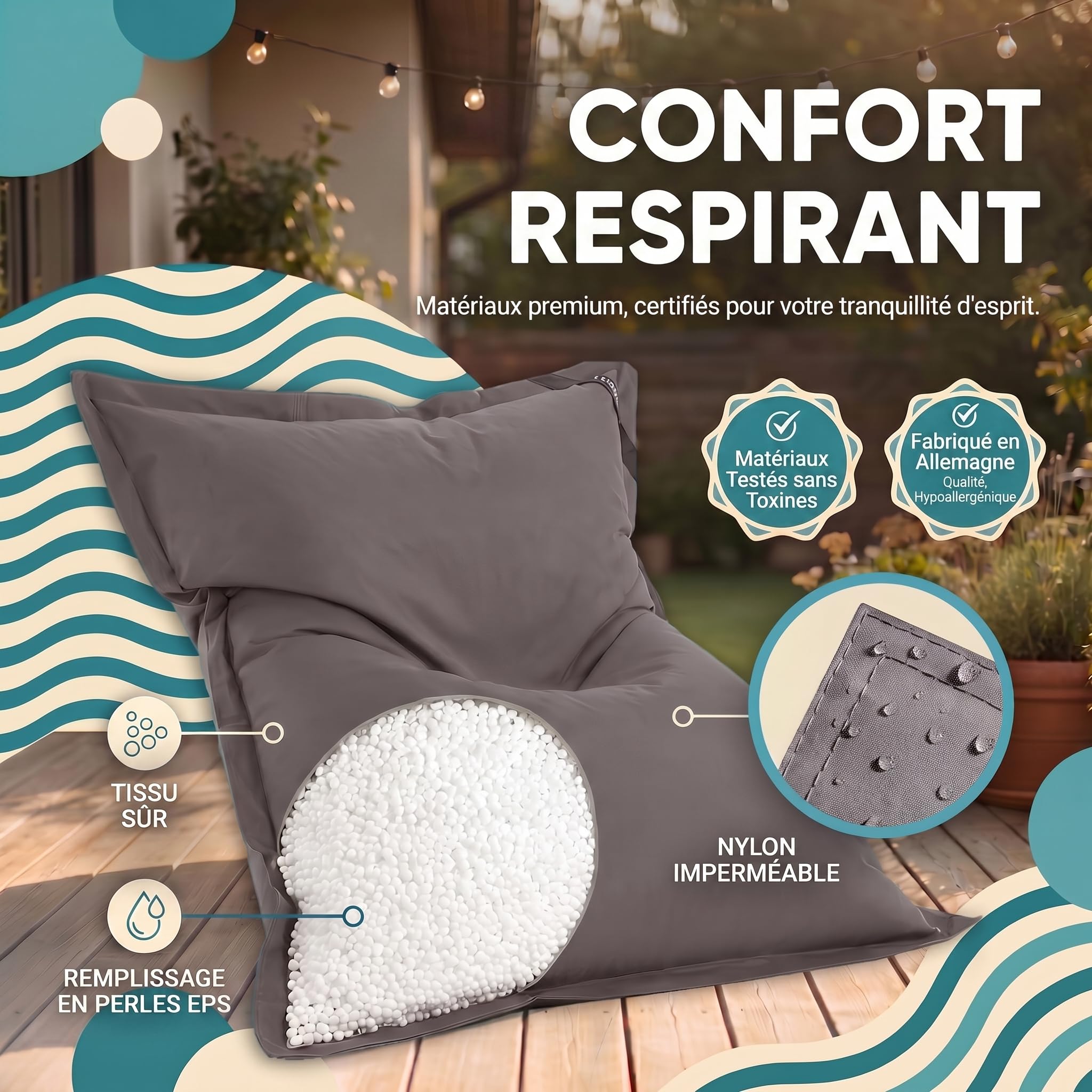 LAZY BAG® Pouf Géant XXL 180x140 cm - Bean Bag Extérieur (Nylon, Gris) | Nylon imperméable, double couture, housse lavable - intérieur & extérieur, salon, balcon, jardin