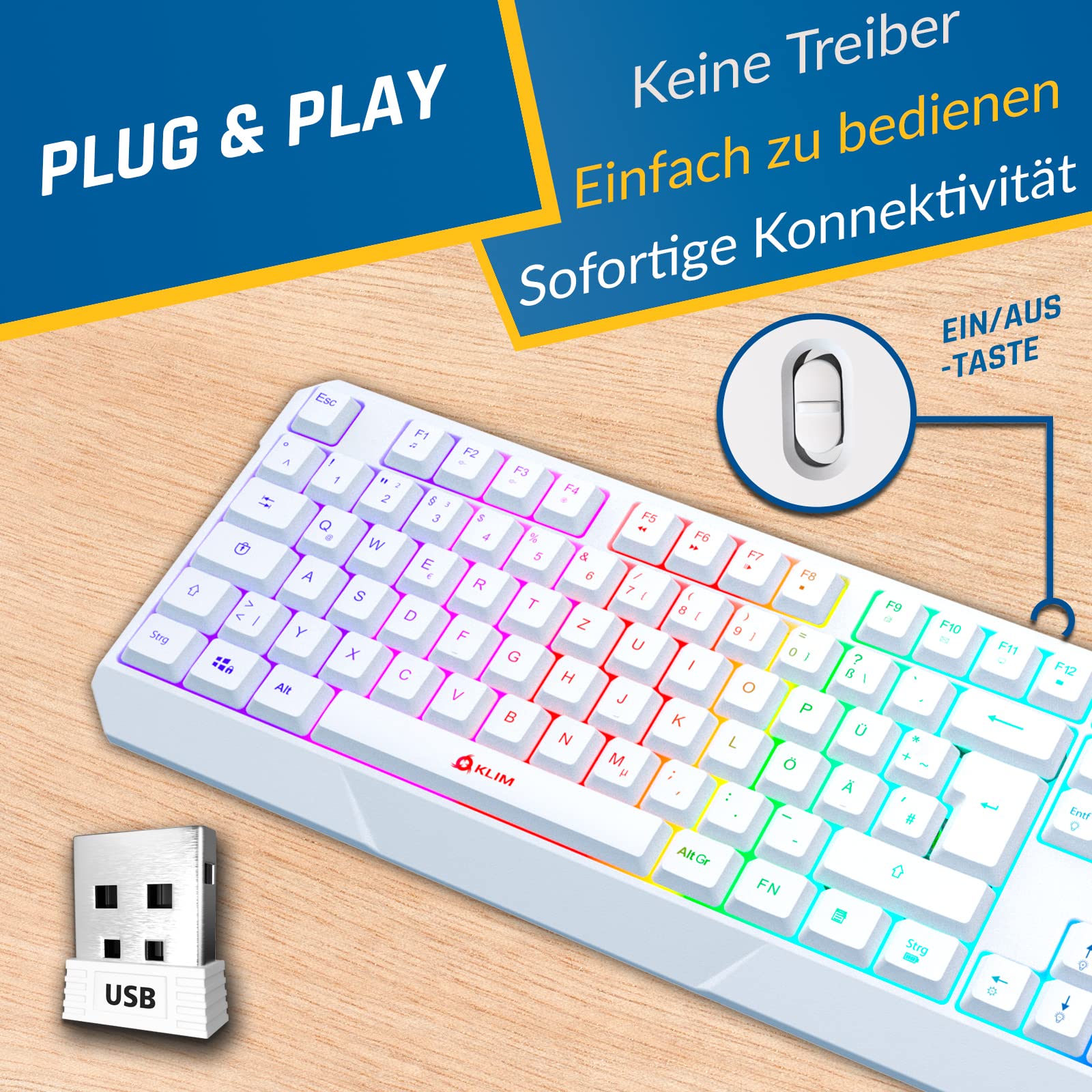 KLIM Chroma - Tastiera da gaming senza fili QWERTZ tedesco + durevole, ergonomica, impermeabile, silenziosa + tastiera RGB senza fili per PC PS4 Mac + nuova versione 2024 + bianco