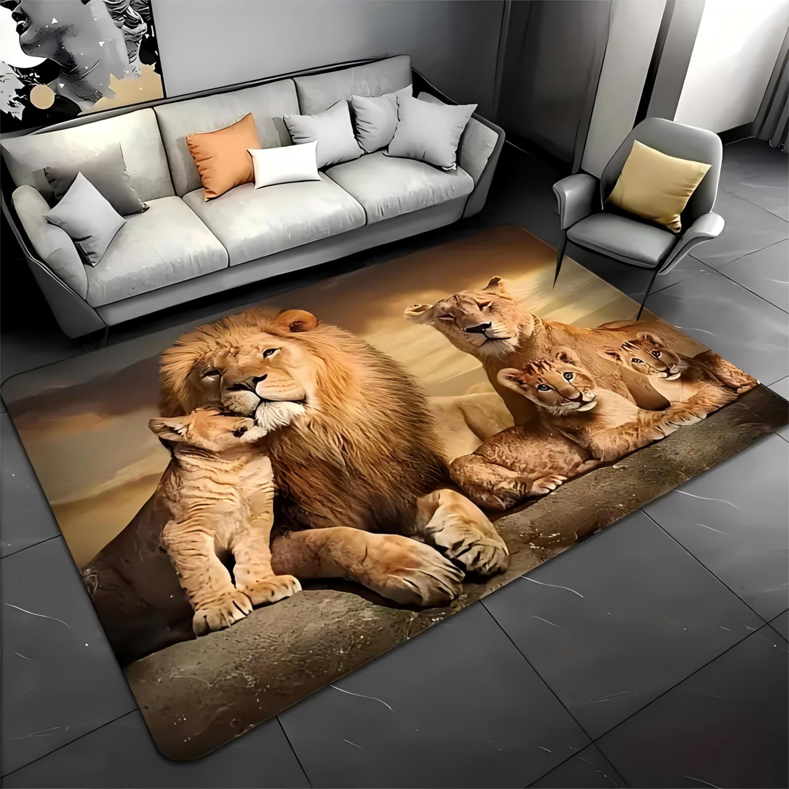 Animal Area Rug,160x200cm,3D African Grasslands Wild Animal Lion and Cubs Pattern Accent Carpets, Home Decor Lion Print Black Decorative Rugs for Couch Living Room Bedroom Non-Slip and Washable