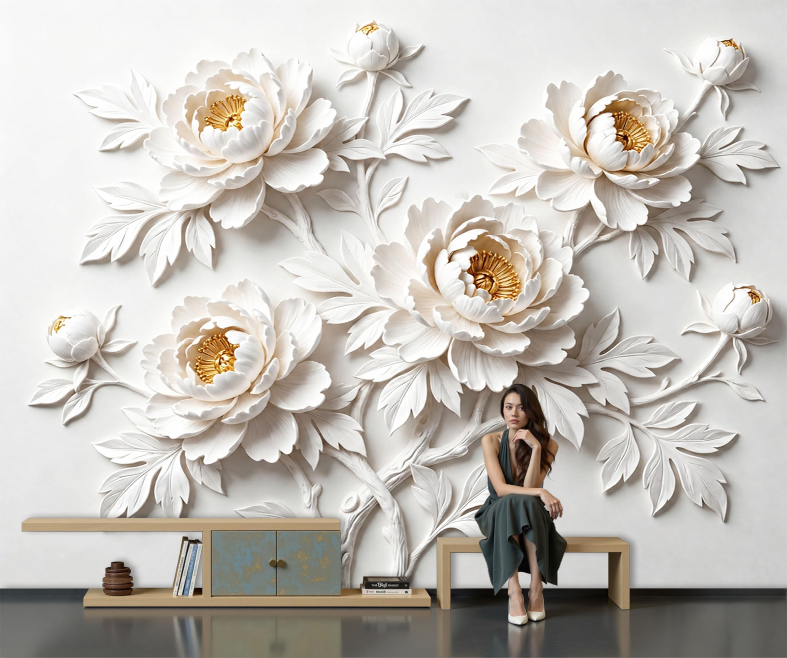 Fototapete Vlies Tapete 3D Effekt Fototapeten 3D-Relief Einer Einfarbigen Pfingstrose Vliestapete Luxuspflanzen Tapeten Weiß Gold Moderne Wandtapete, Wohnzimmer, Tv Hintergrund Deko, 300X210Cm (B×H)