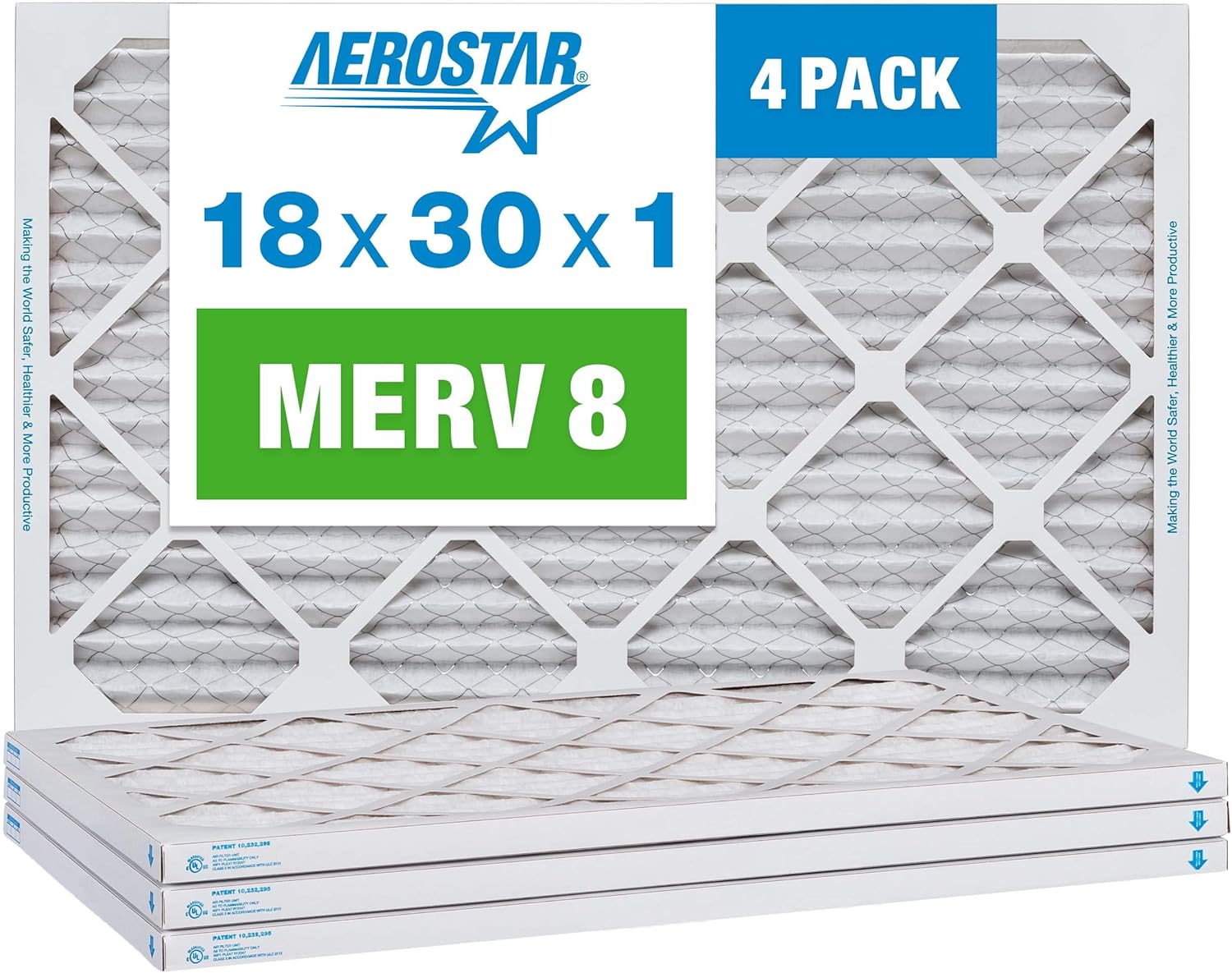 Aerostar 18x30x1 MERV 8 Pleated Air Filter, AC Furnace Air Filter, 4 Pack (Actual Size: 17 1/2" x 19 1/2" x 3/4")