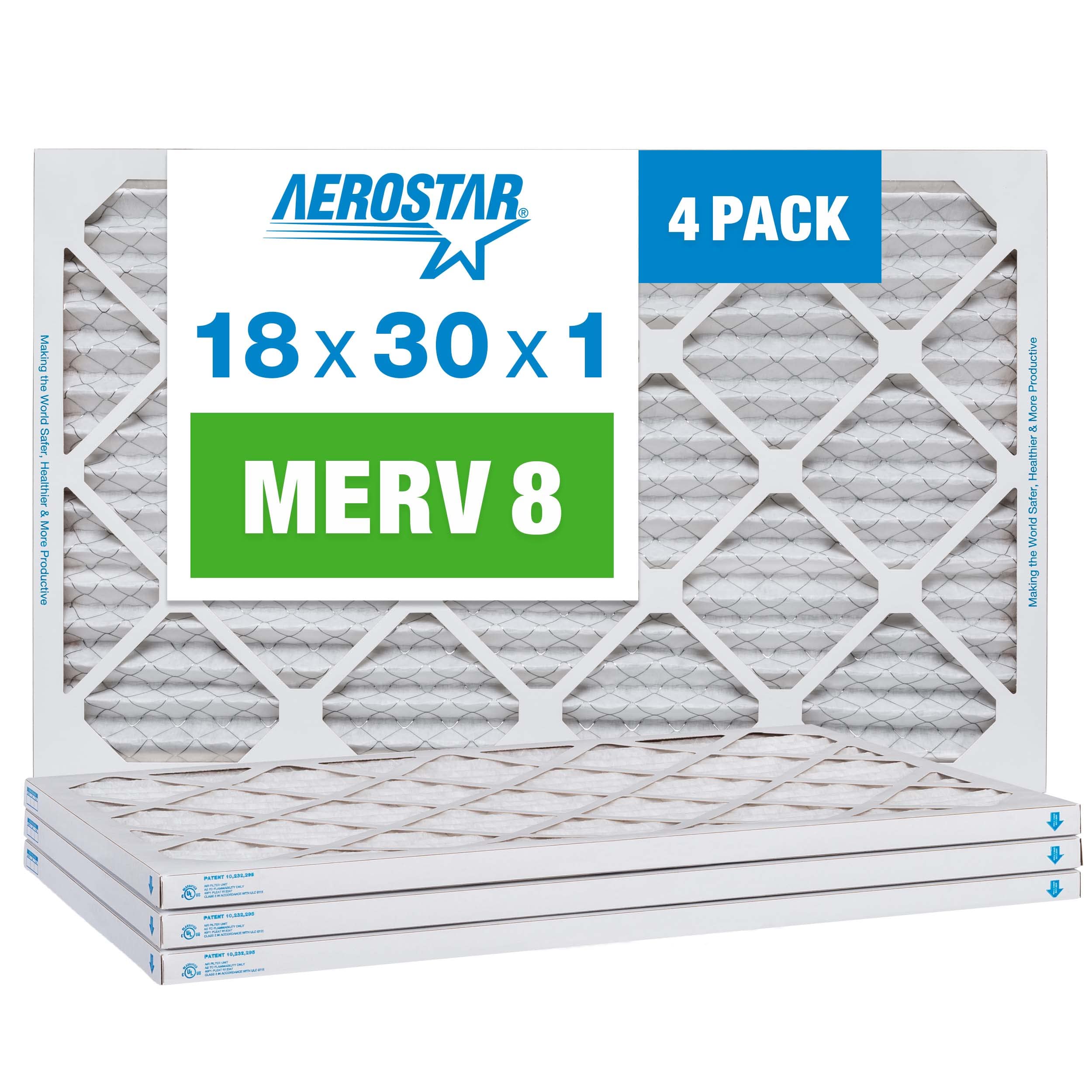 Aerostar 18x30x1 MERV 8 Pleated Air Filter, AC Furnace Air Filter, 4 Pack (Actual Size: 17 1/2" x 19 1/2" x 3/4")