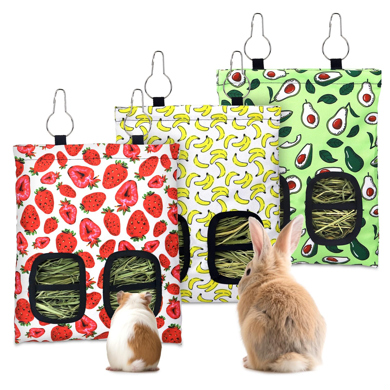 3 Pcs Rabbit Hay Feeder, 2-Hole Hanging Guinea Pig Hay Bags Washable Bunny Hay Bag for Rabbits, Chinchillas, Hamsters, Small Pets and Animals (11.8"×8.7")