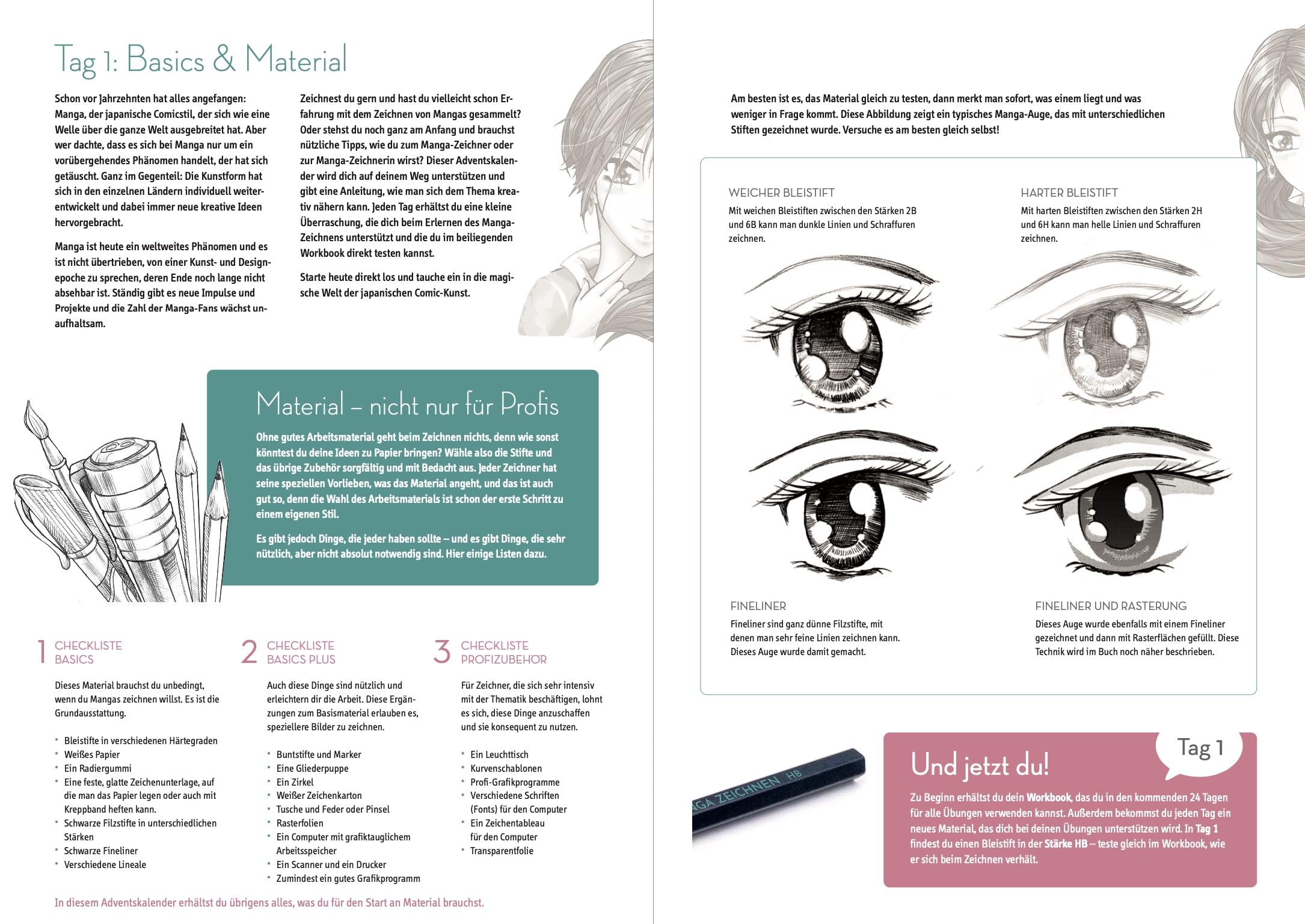 Manga zeichnen Adventskalender - Manga zeichnen lernen in 24 Tagen, Mit Anleitungsbuch, Workbook und Zeichenmaterial Box (38,5 x 26,5 x 5 cm) mit 24 kleinen Boxen