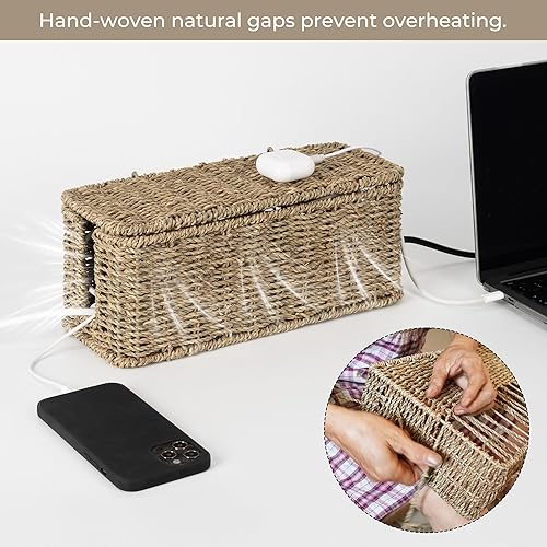 Miniatura 5 de StorageWorks Caja de organización de cables, organizador de cables de mimbre con 2 ranuras para ocultar cables y regleta de alimentación, caja